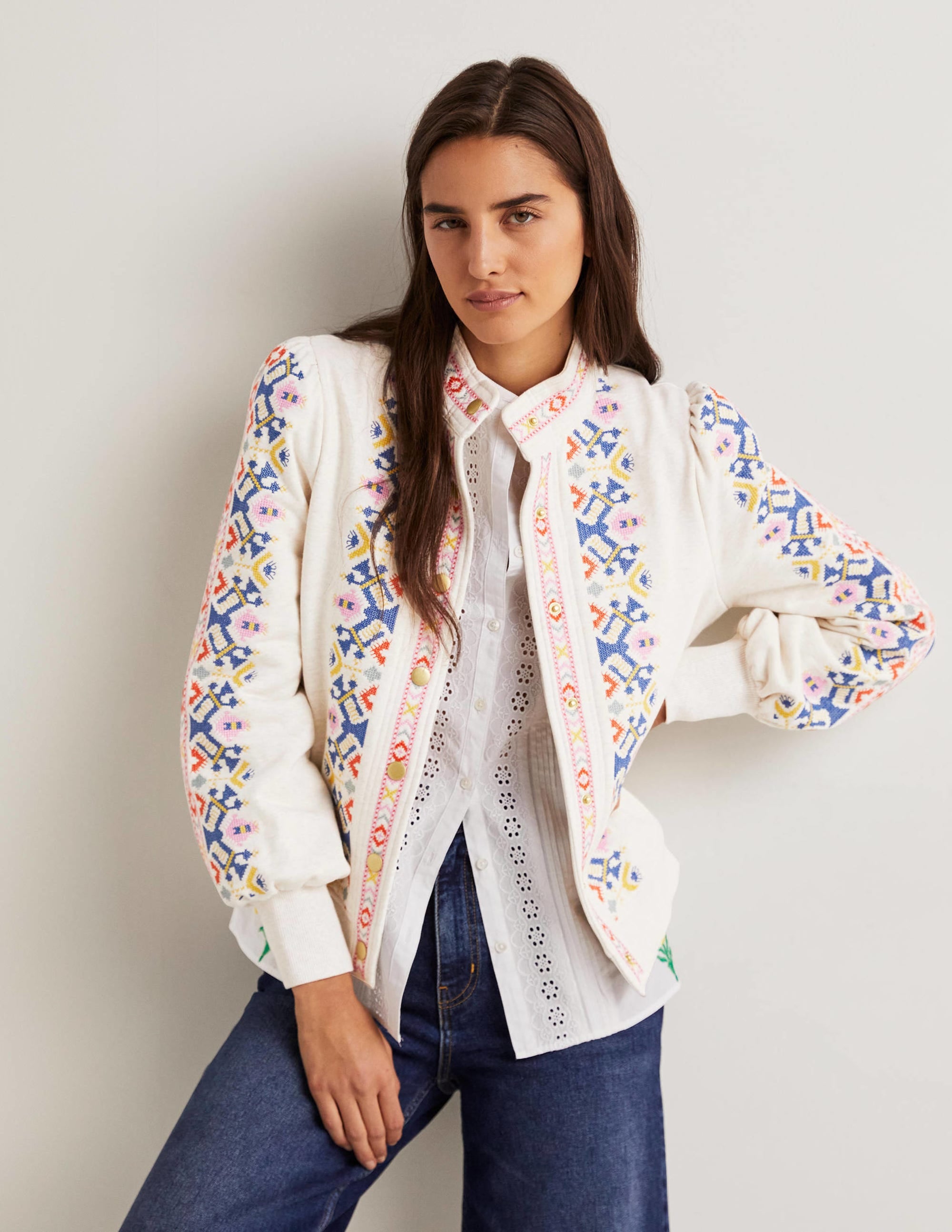 Jerseyjacke mit Stickerei-Hellbeige Meliert, Stickerei - Image 1