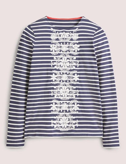 Besticktes Bretonshirt-Navy/Naturweiß, Blumenstickerei