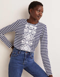 Embroidered Breton Top-Navy/Ivory, Floral Embroidery