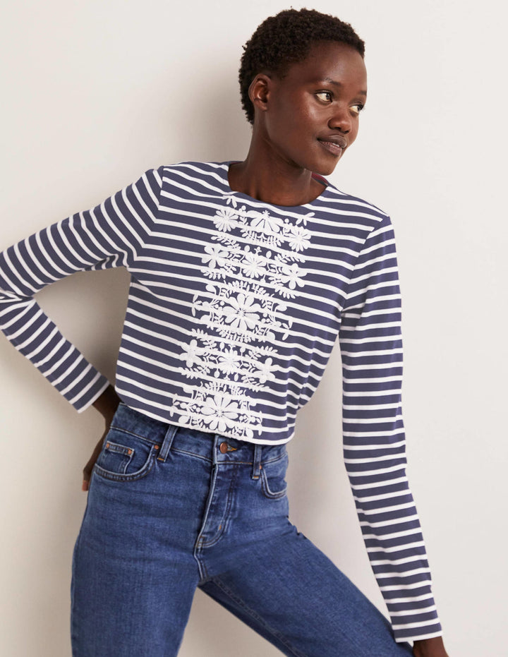 Embroidered Breton Top-Navy/Ivory, Floral Embroidery