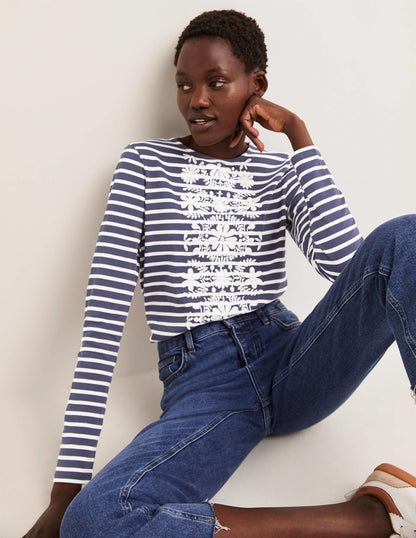 Besticktes Bretonshirt-Navy/Naturweiß, Blumenstickerei
