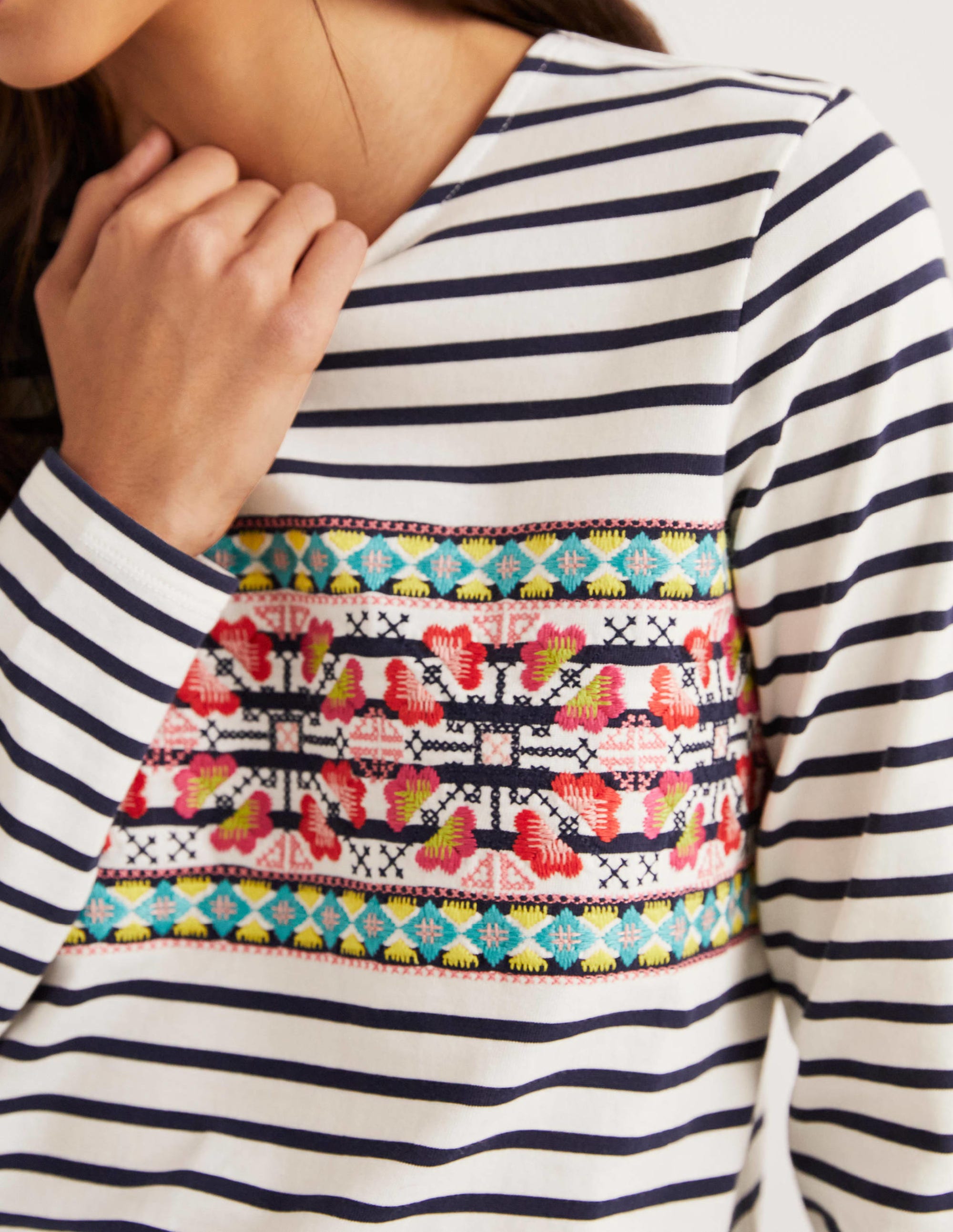 Embroidered Breton Top-Ivory/Navy, Multi Embroidery - Image 2