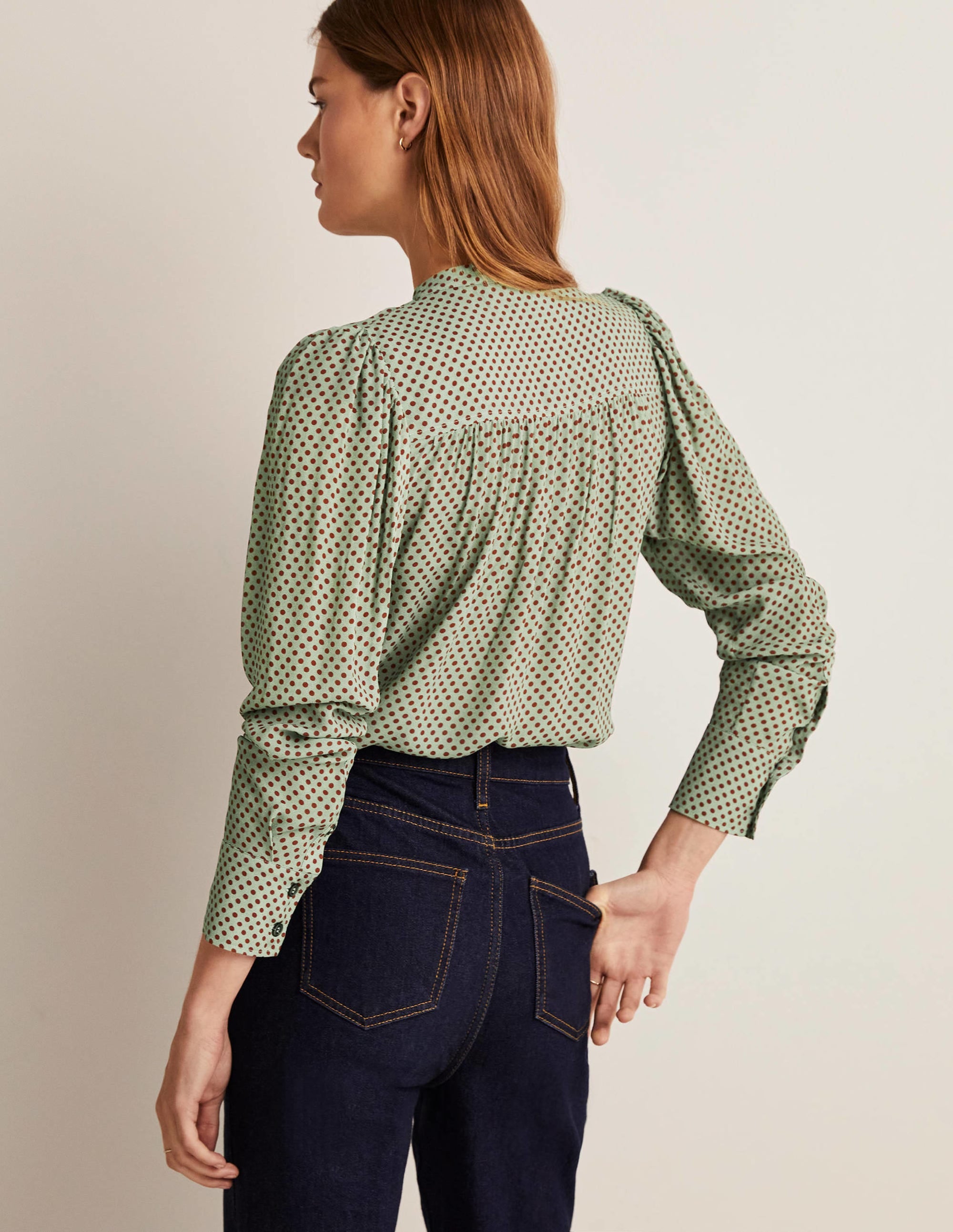 Pleated Button Through Blouse-Jadeite Green, Spot - Image 8