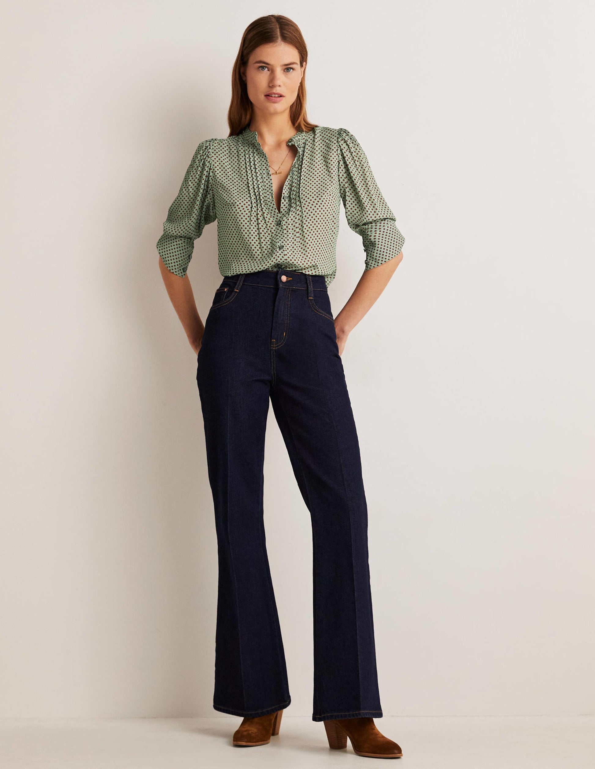 Pleated Button Through Blouse-Jadeite Green, Spot-9
