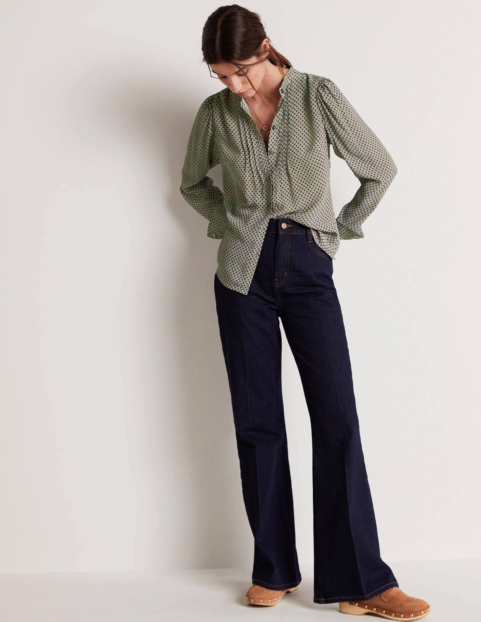 Pleated Button Through Blouse-Jadeite Green, Spot-10
