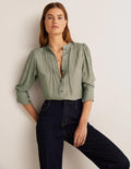 Pleated Button Through Blouse-Jadeite Green, Spot