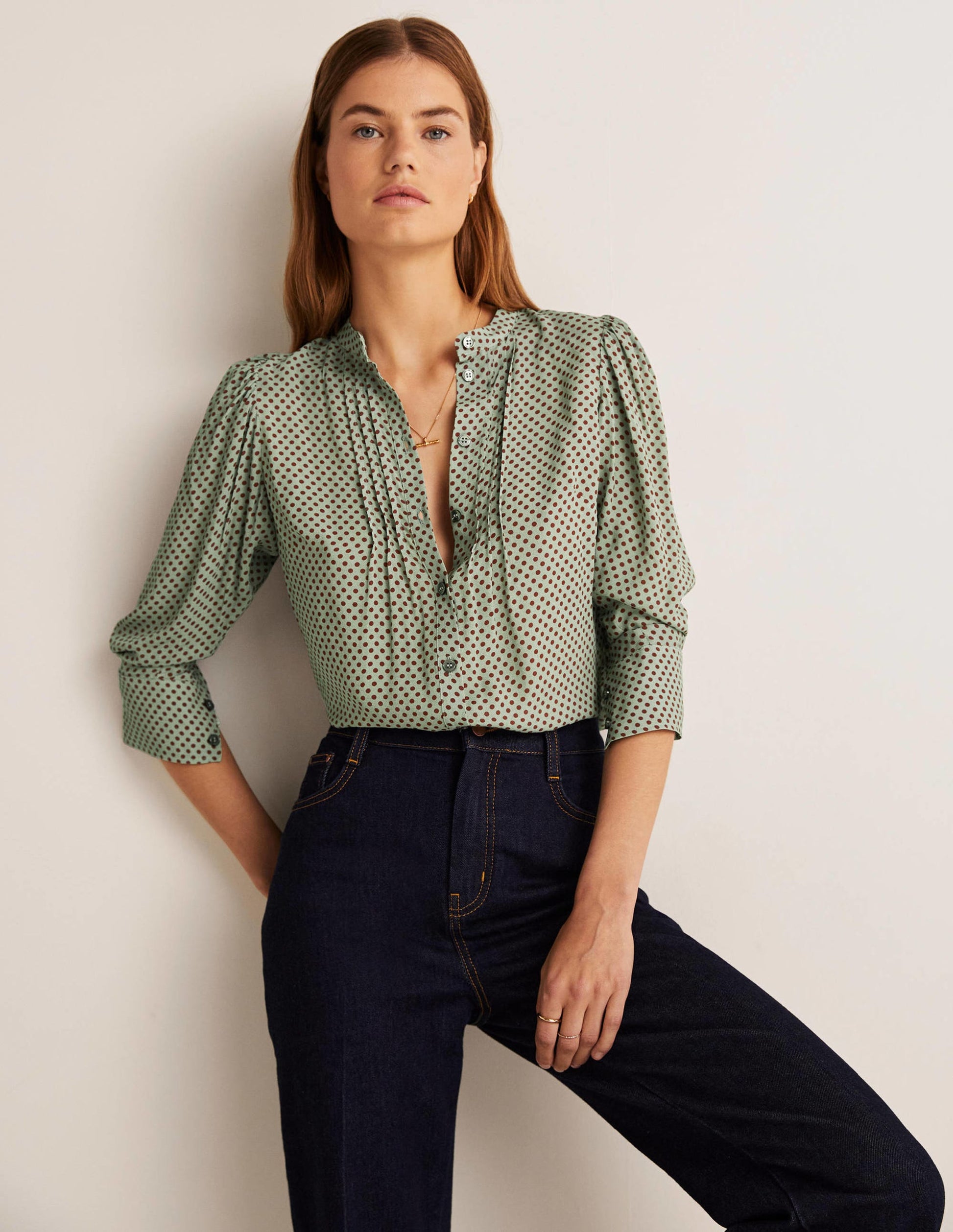 Pleated Button Through Blouse-Jadeite Green, Spot-1