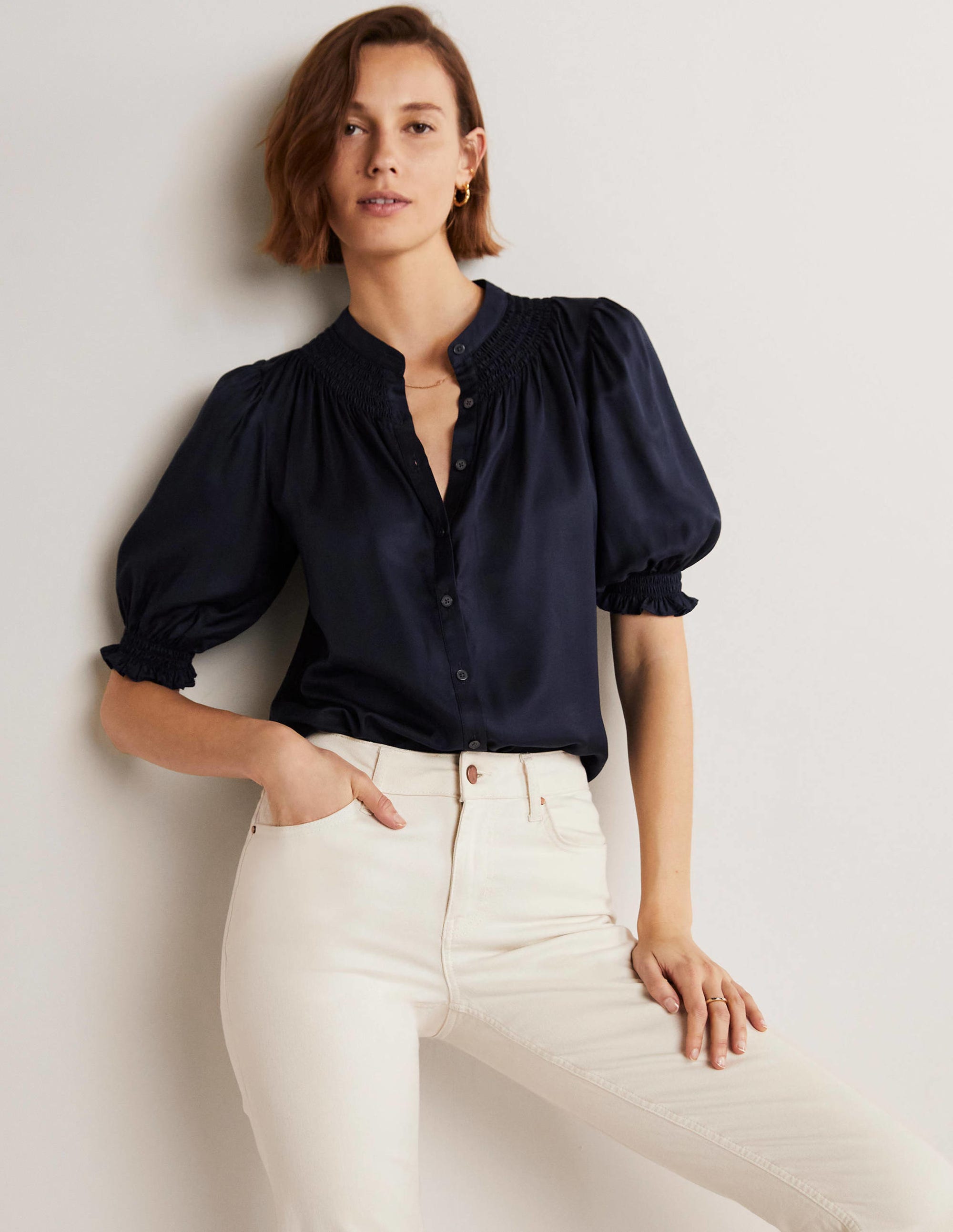 Smocked Silk Blend Blouse-Navy - Image 6