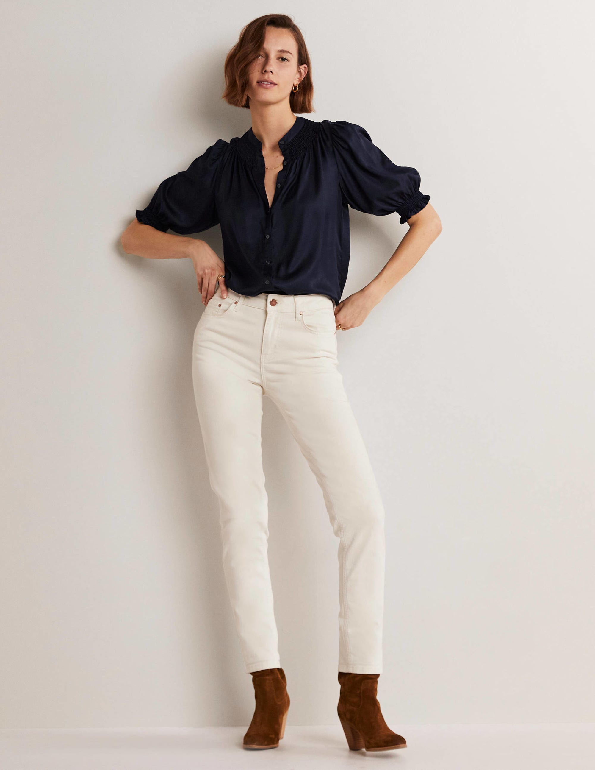 Smocked Silk Blend Blouse-Navy - Image 9