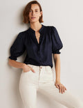 Smocked Silk Blend Blouse-Navy