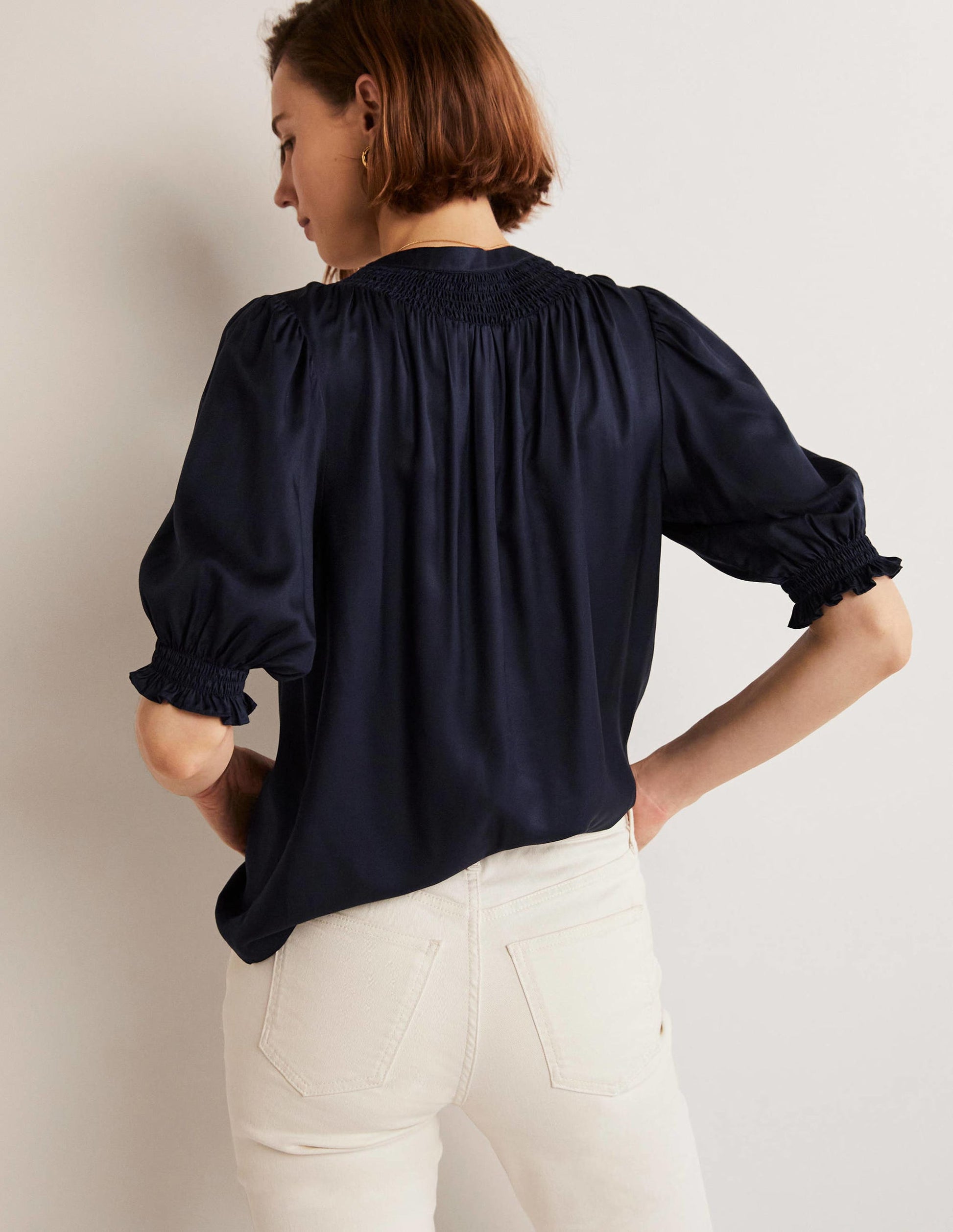 Smocked Silk Blend Blouse-Navy-3