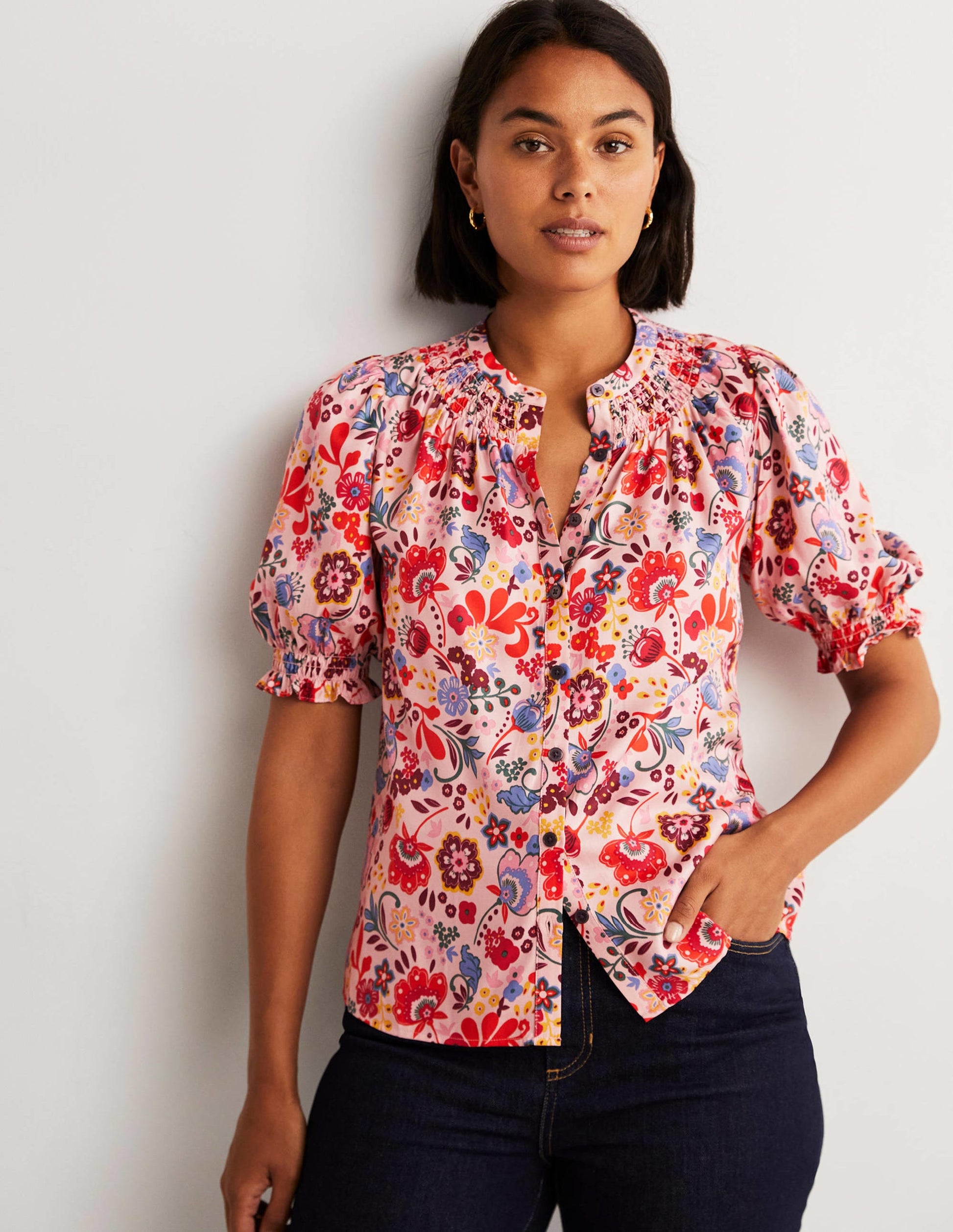 Smocked Silk Blend Blouse-Milkshake, Pretty Paradise-1