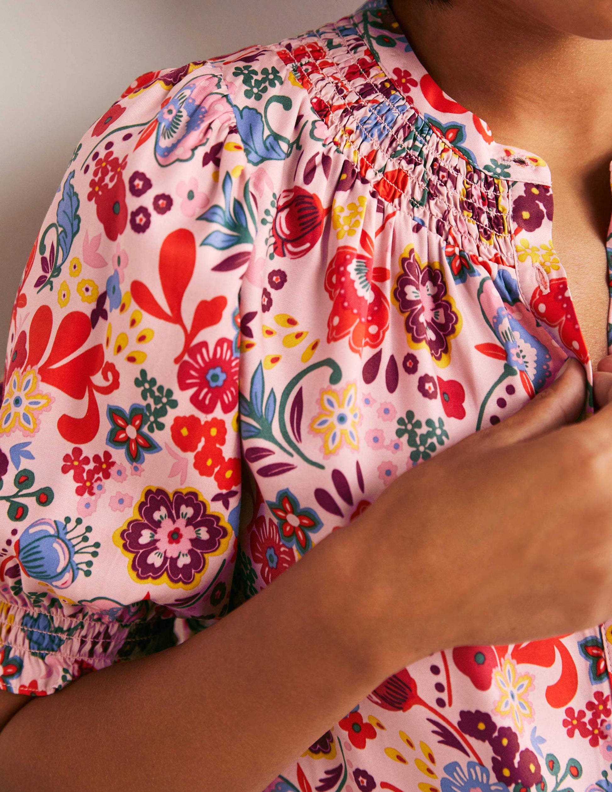 Smocked Silk Blend Blouse-Milkshake, Pretty Paradise-2