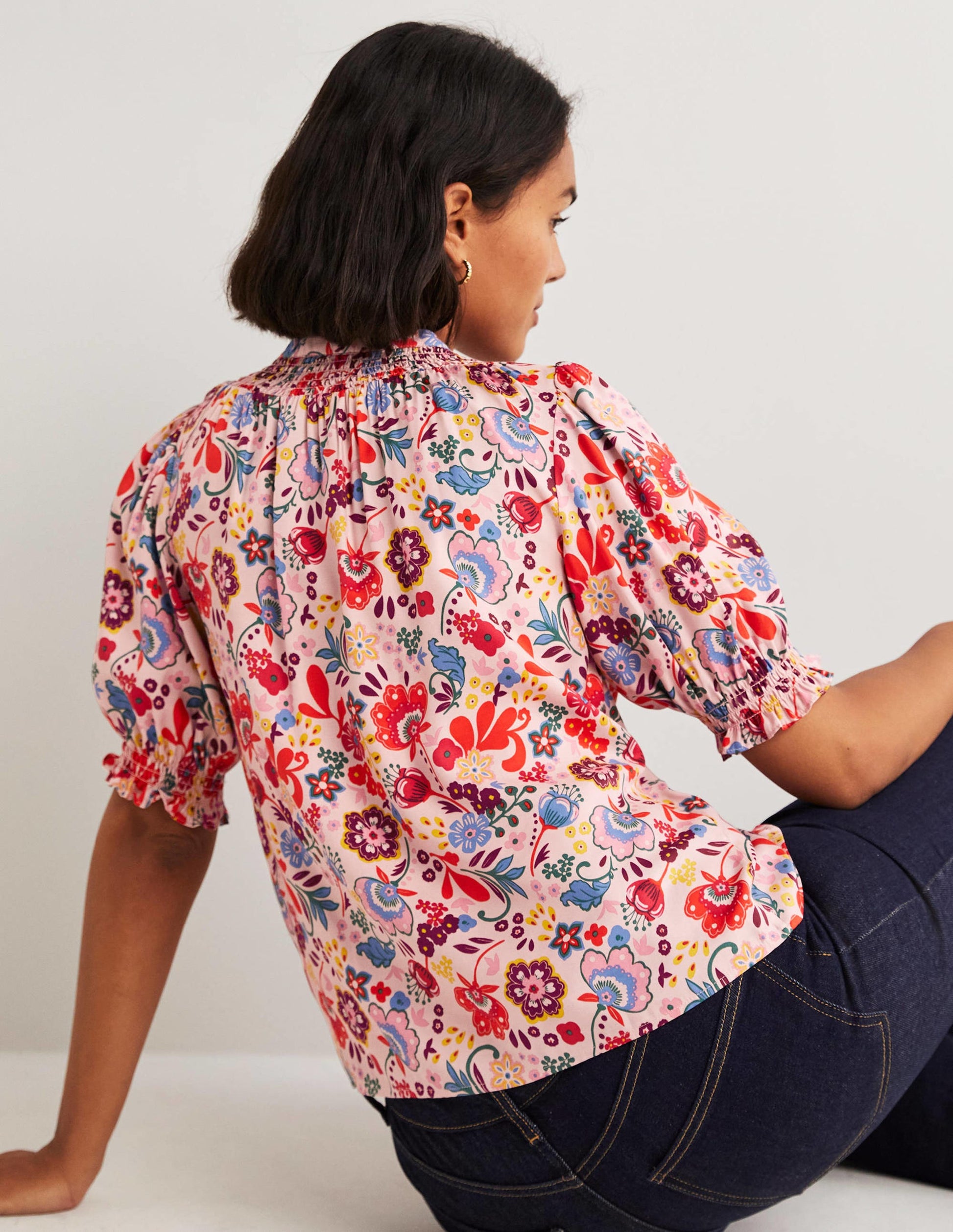 Smocked Silk Blend Blouse-Milkshake, Pretty Paradise-3