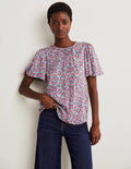 Flutter Sleeve Crew Neck Top-Riviera Blue, Petal Paisley