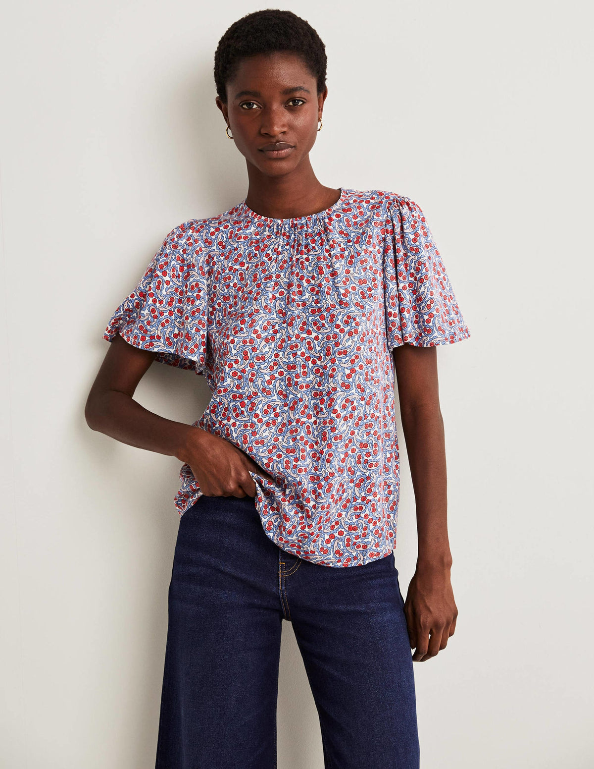 Flutter Sleeve Crew Neck Top-Riviera Blue, Petal Paisley - Image 1