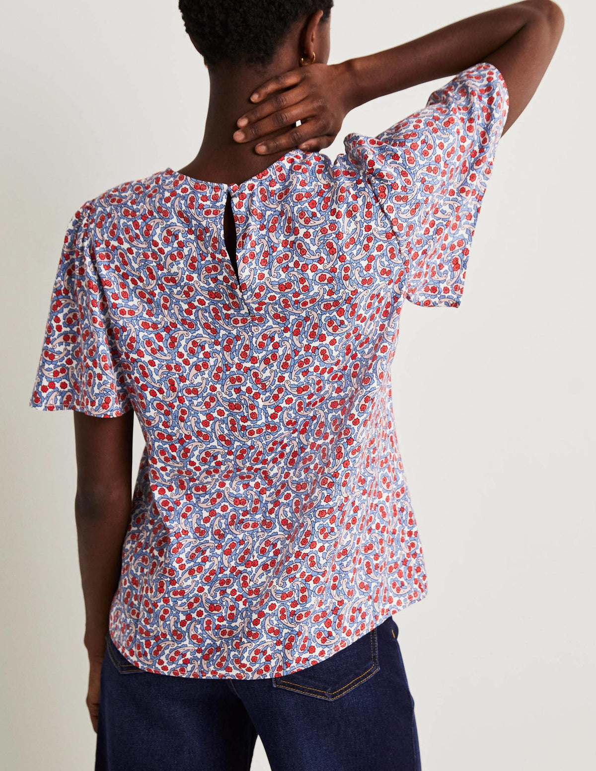 Flutter Sleeve Crew Neck Top-Riviera Blue, Petal Paisley - Image 3