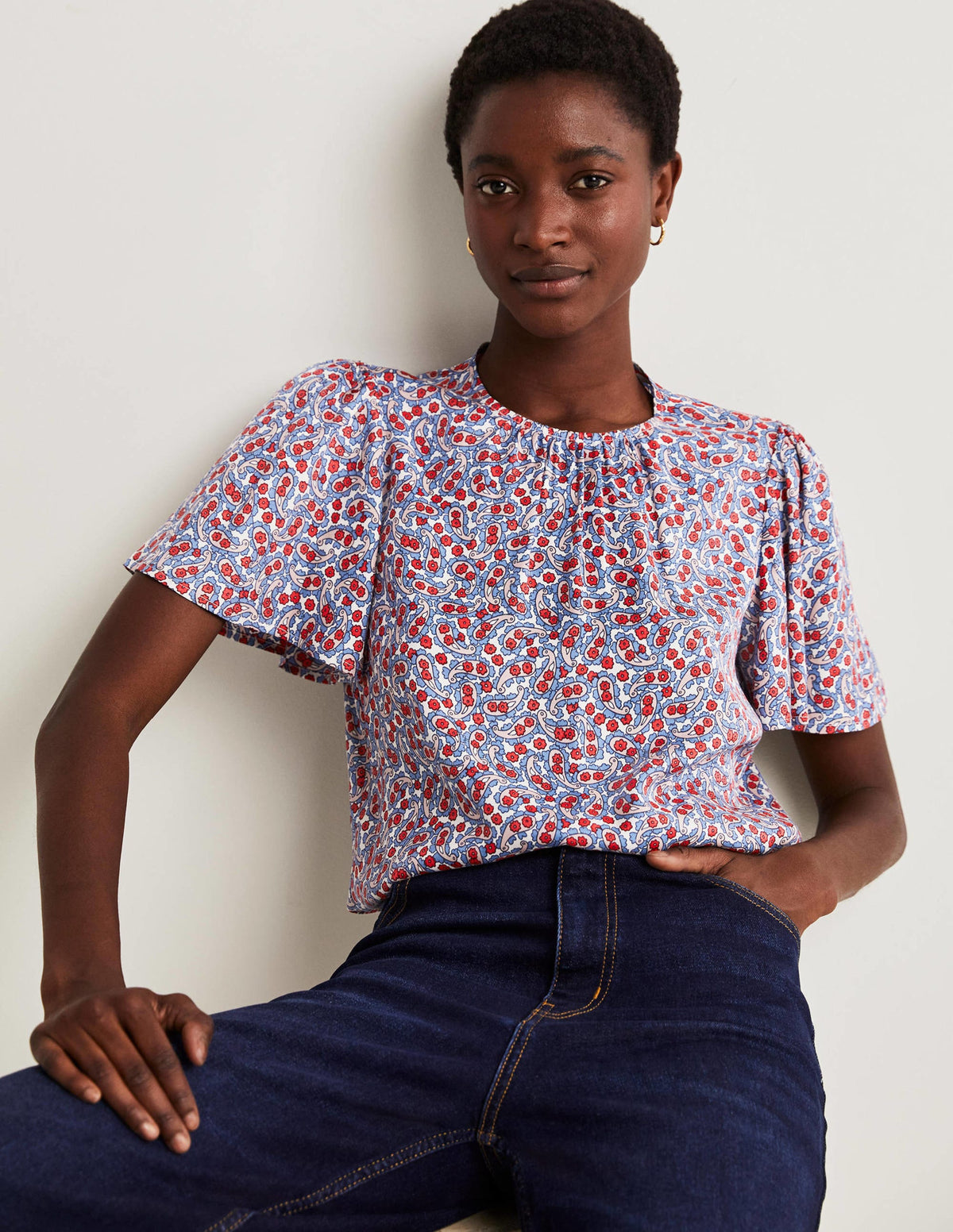 Flutter Sleeve Crew Neck Top-Riviera Blue, Petal Paisley - Image 4