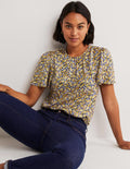 Top col rond à manches aériennes-Citronnelle, motif Petal Paisley