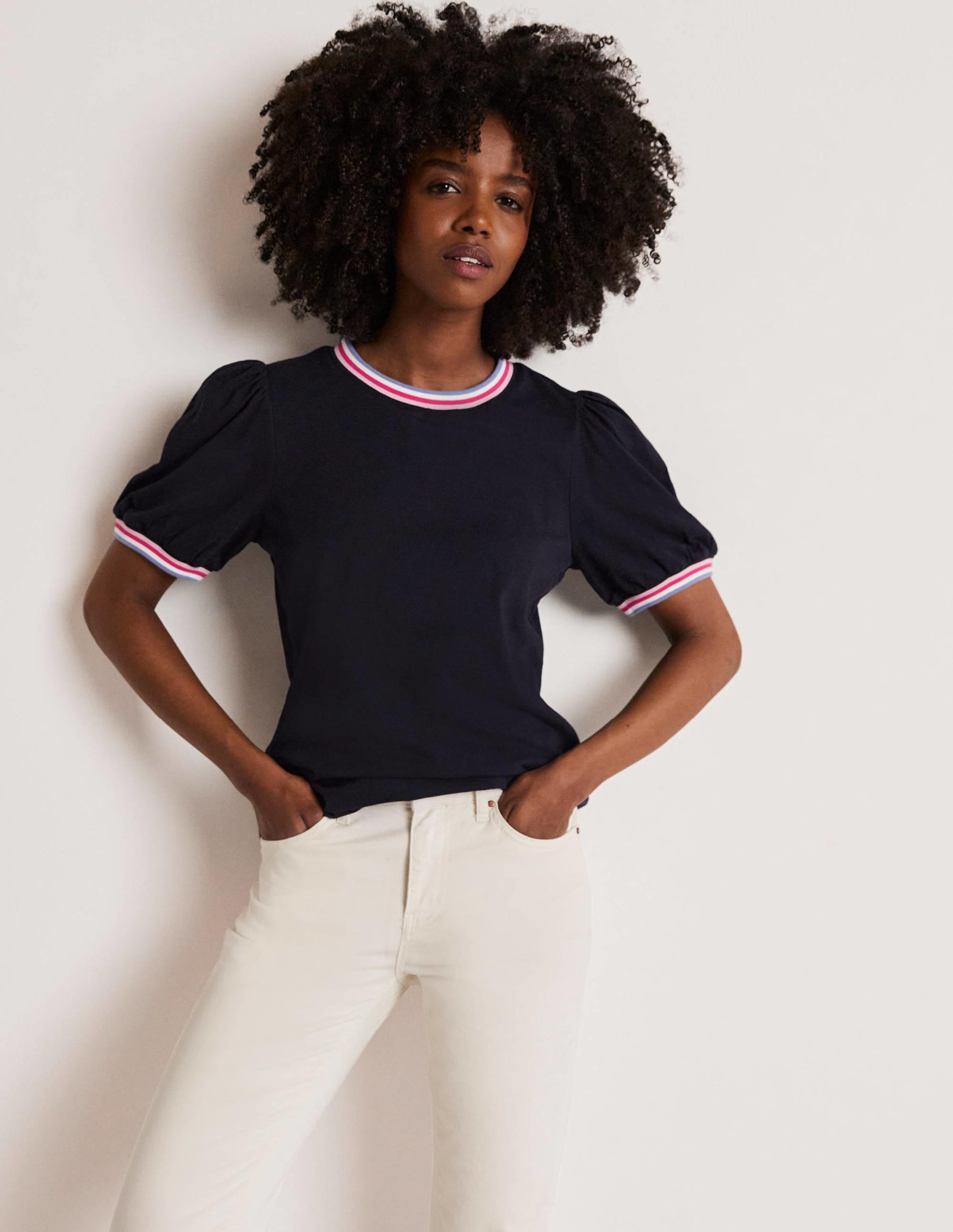 Rib Trim Blouson Top-Navy - Image 6