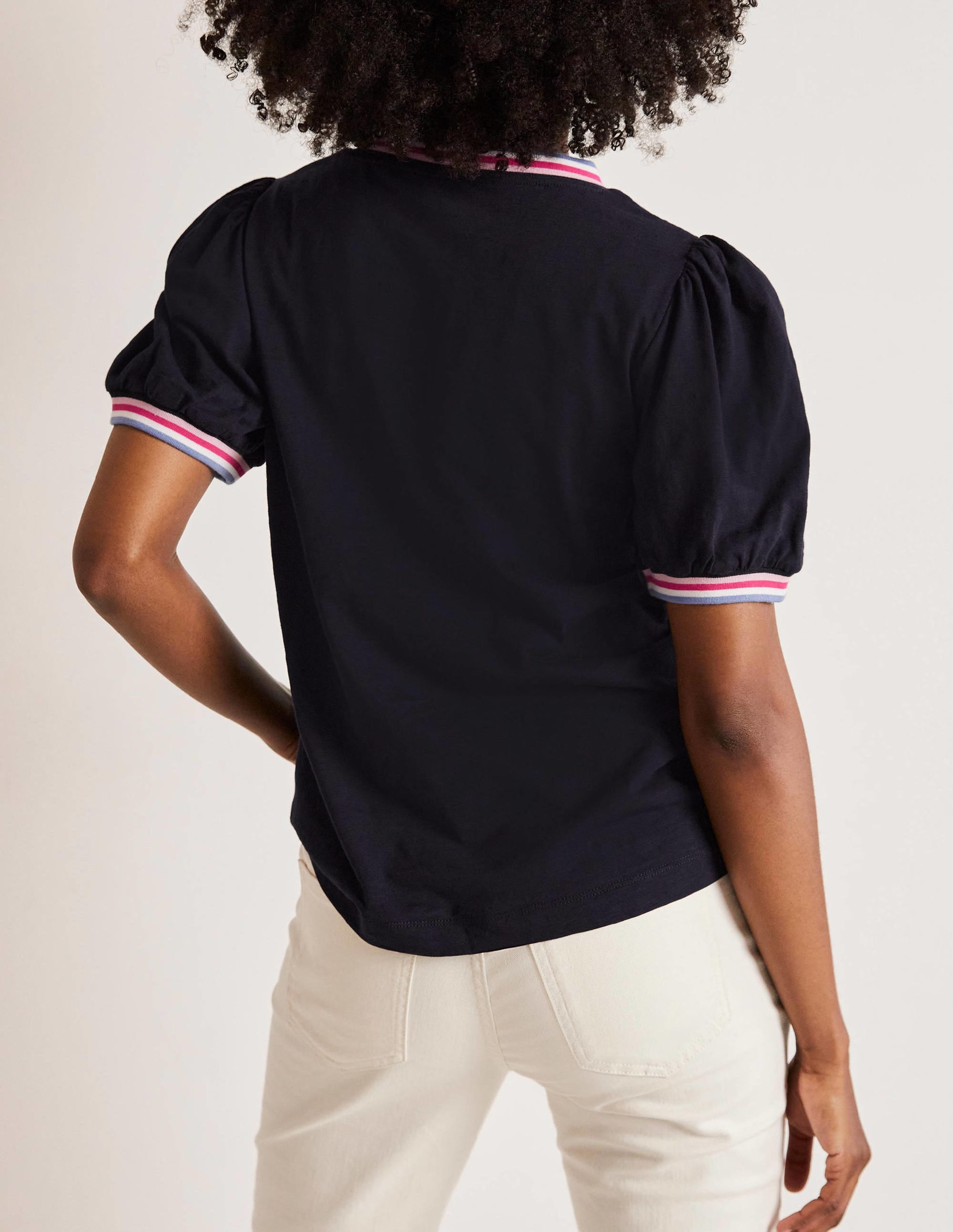 Rib Trim Blouson Top-Navy - Image 8