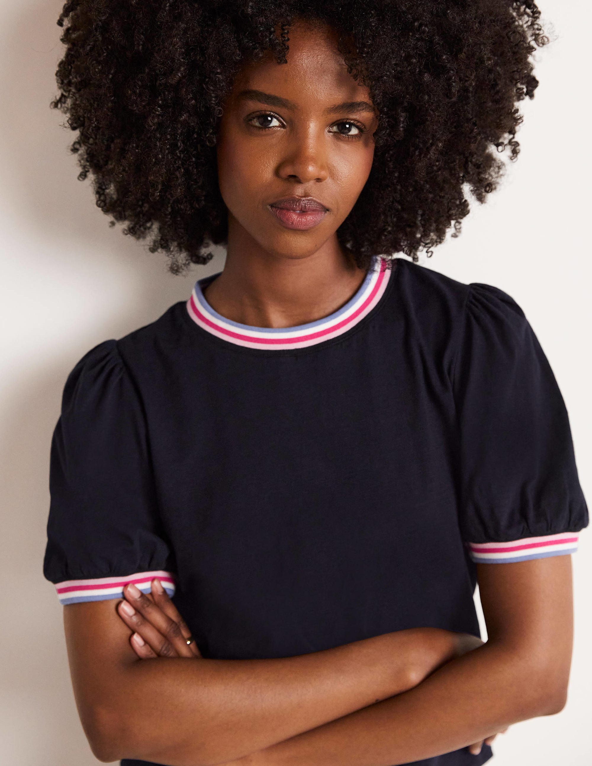 Rib Trim Blouson Top-Navy - Image 5