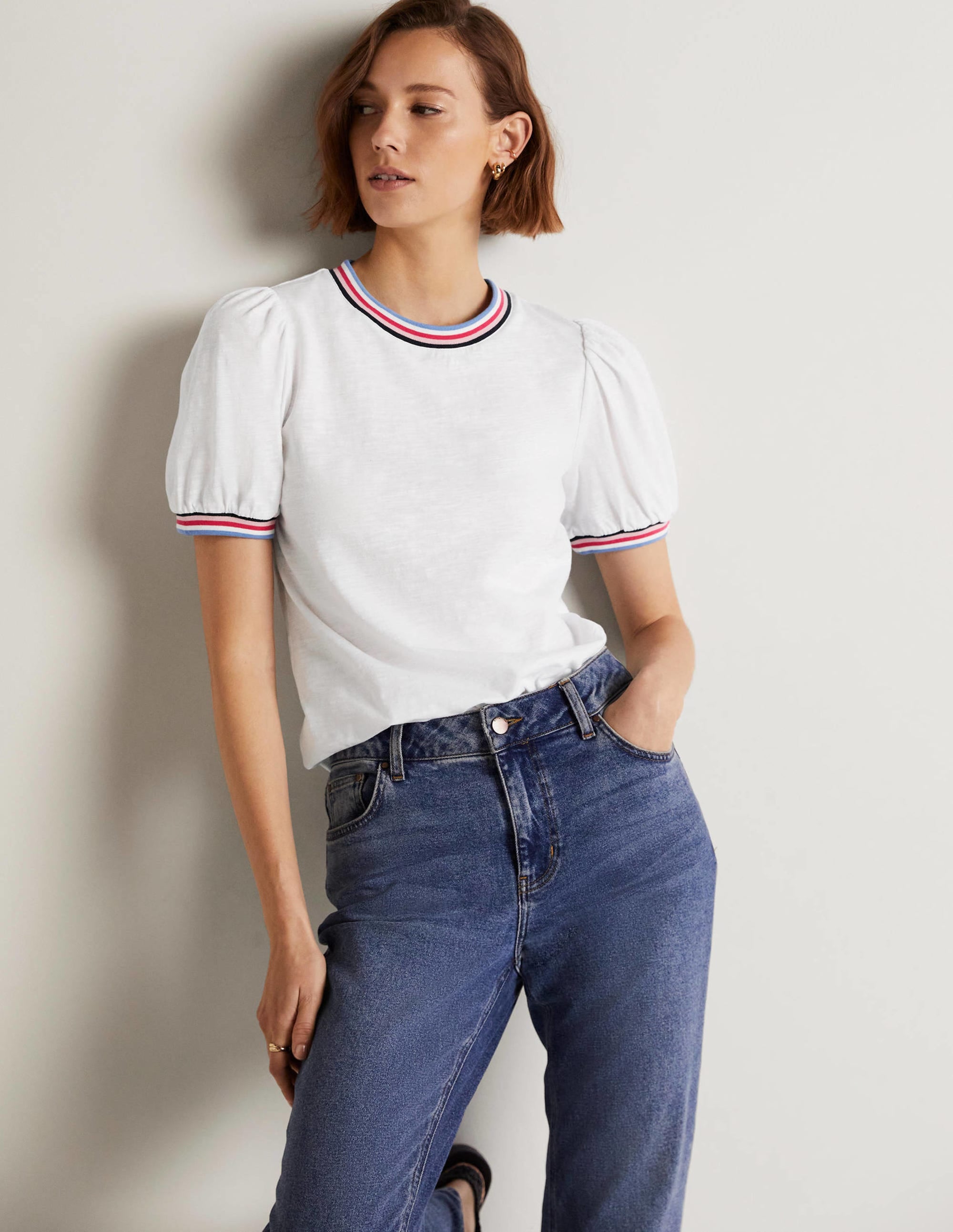 Blouson-T-Shirt mit Rippstrickabschlüssen-Weiß - Image 1