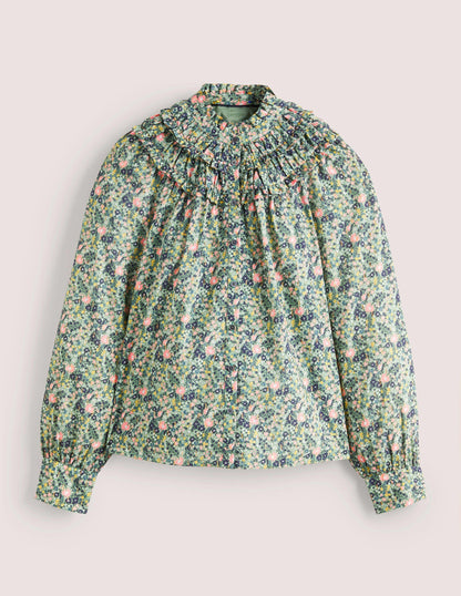 Hemd mit hohem Rüschenkragen-Rosemaringrün, Abstraktes Kleines Blumenmuster