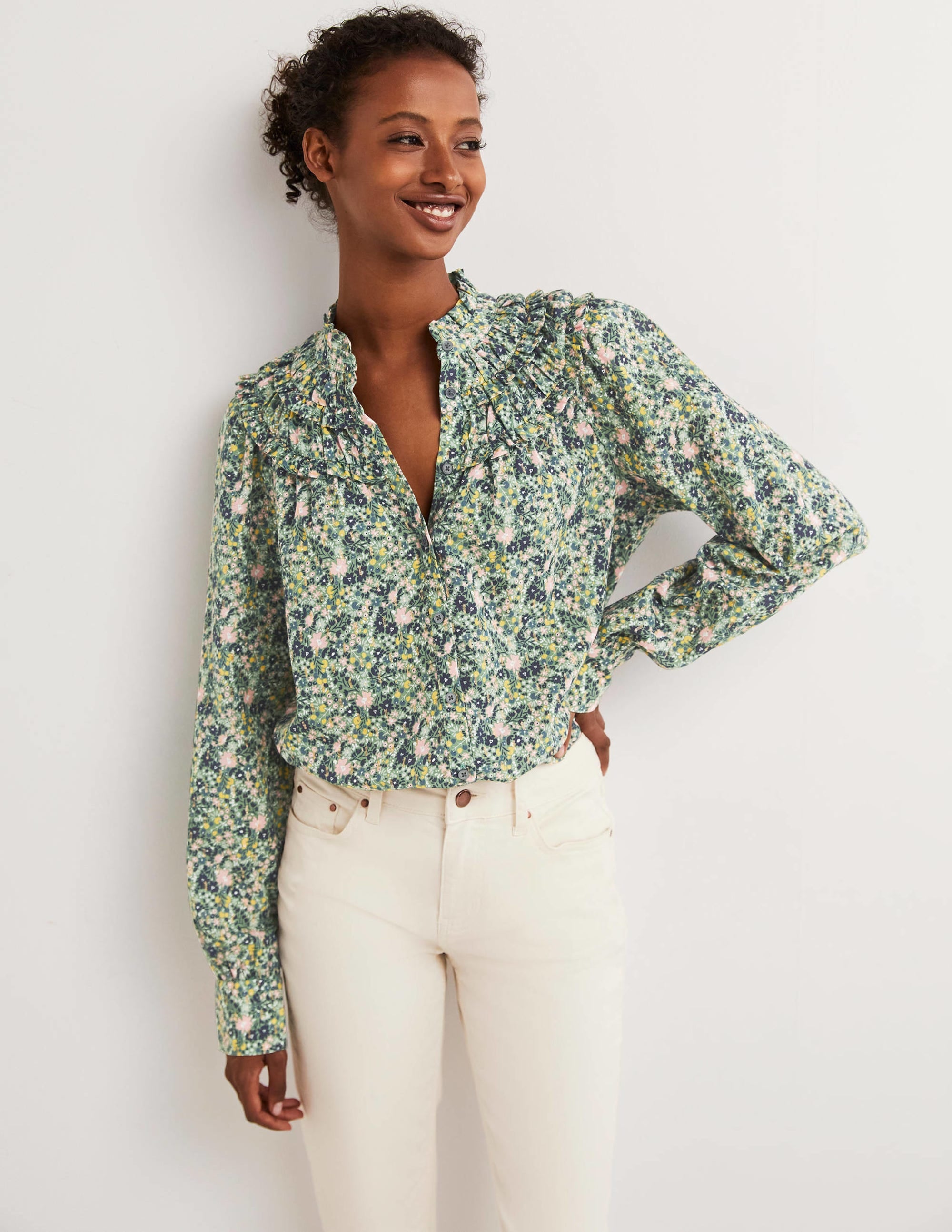 Frilled High Neck Shirt-Rosemary, Abstract Ditsy - Image 1