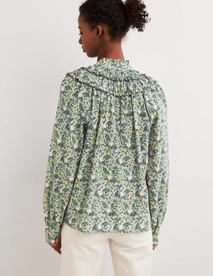 Hemd mit hohem Rüschenkragen-Rosemaringrün, Abstraktes Kleines Blumenmuster