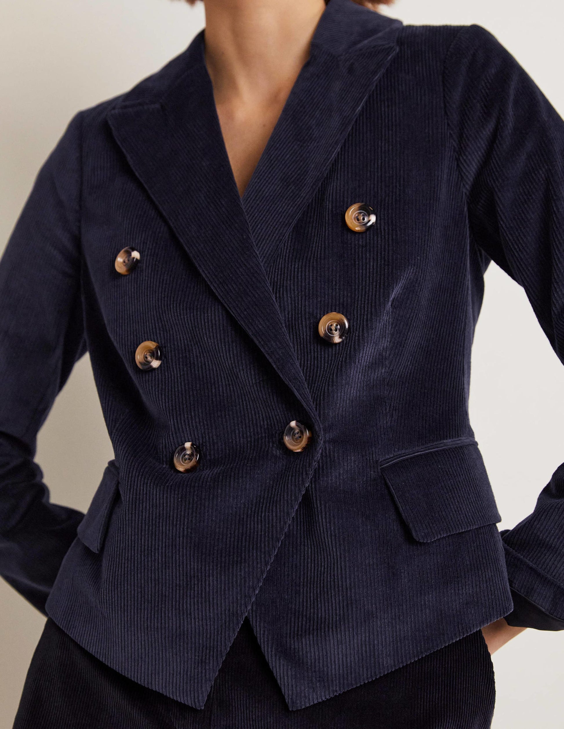 Doppelreihiger Cordblazer-Marineblau-7