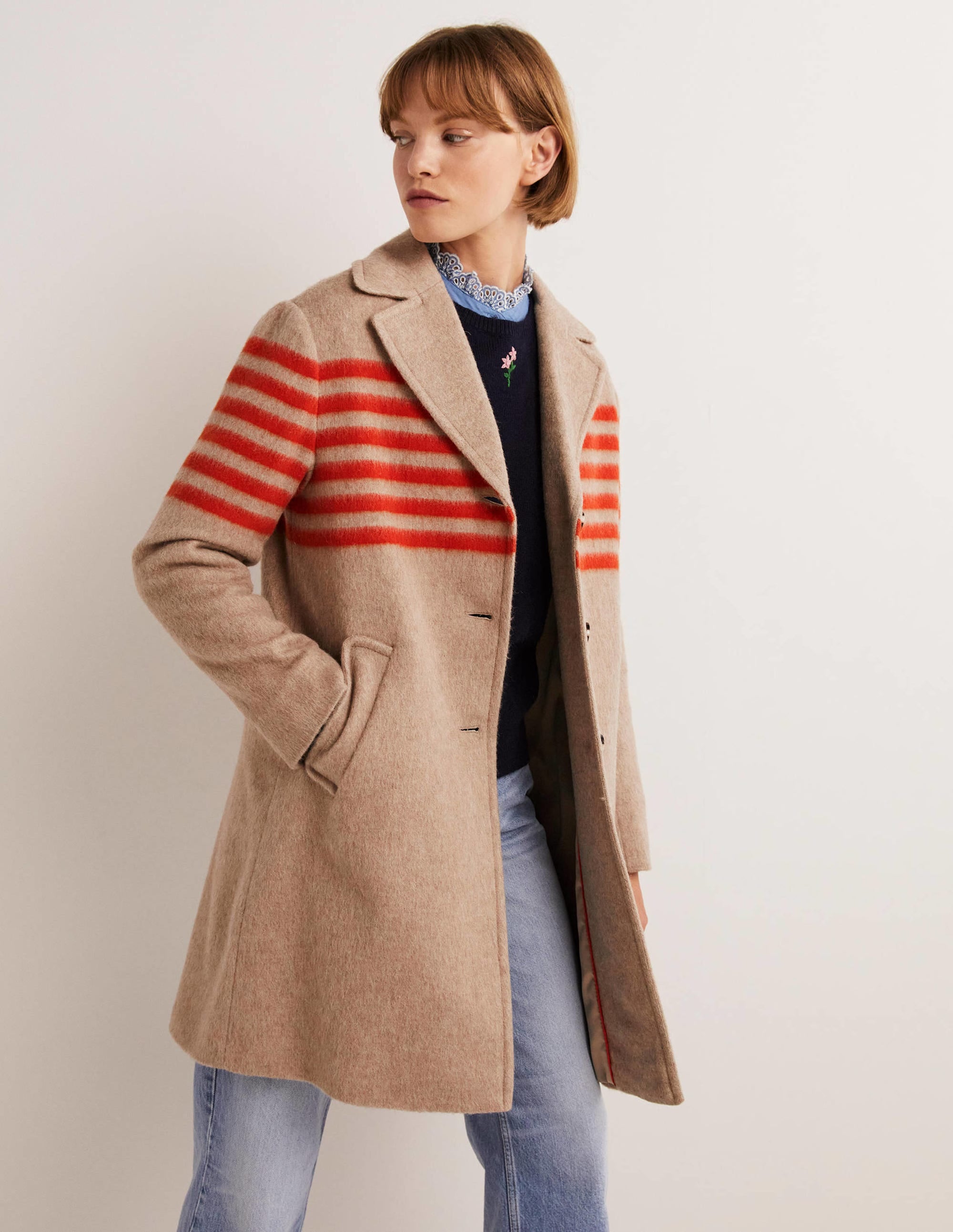 Wool Blend Striped Coat-Camel, Bright Papaya Stripe - Image 1