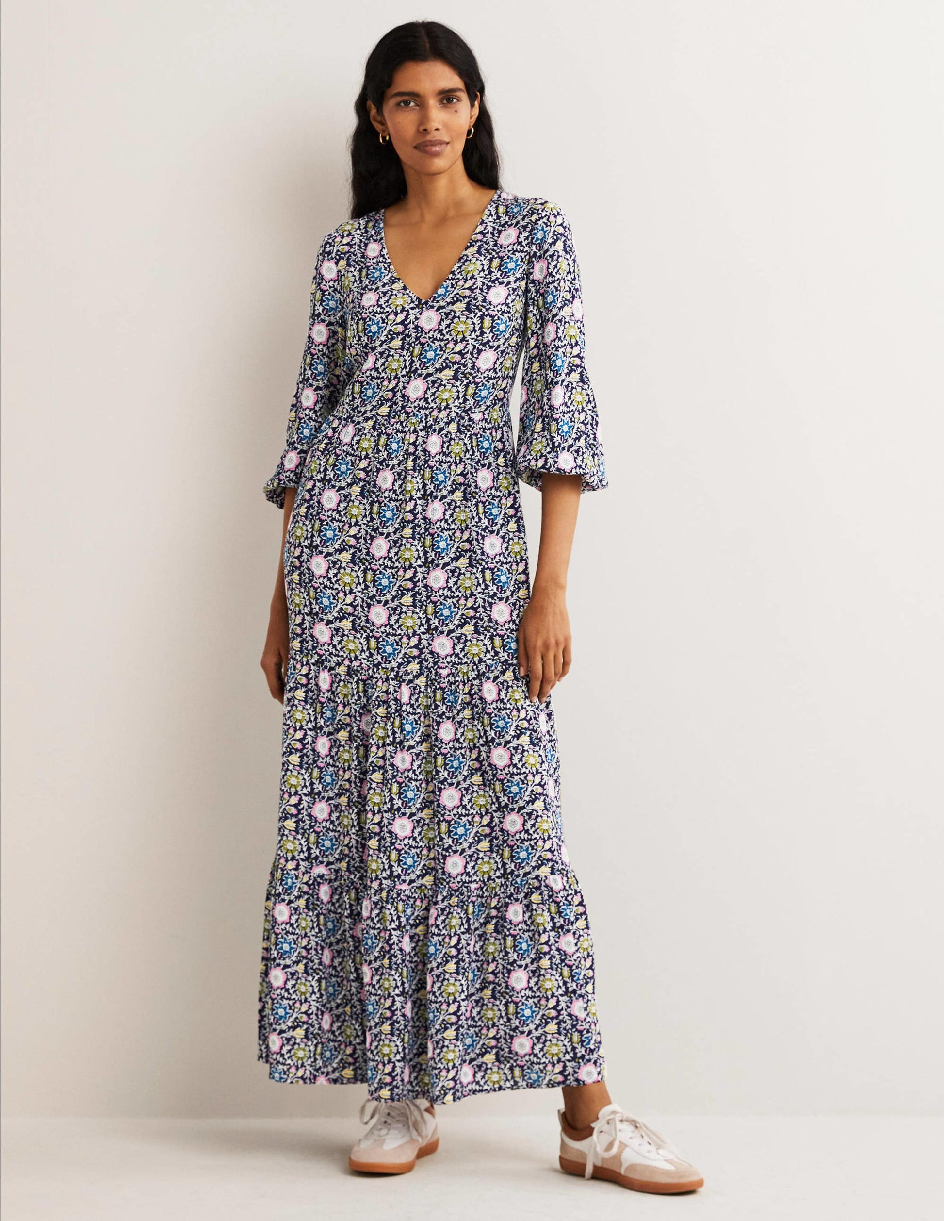 Robe longue à manches blousantes-Bleu marine, motif Enchanting Twig-4