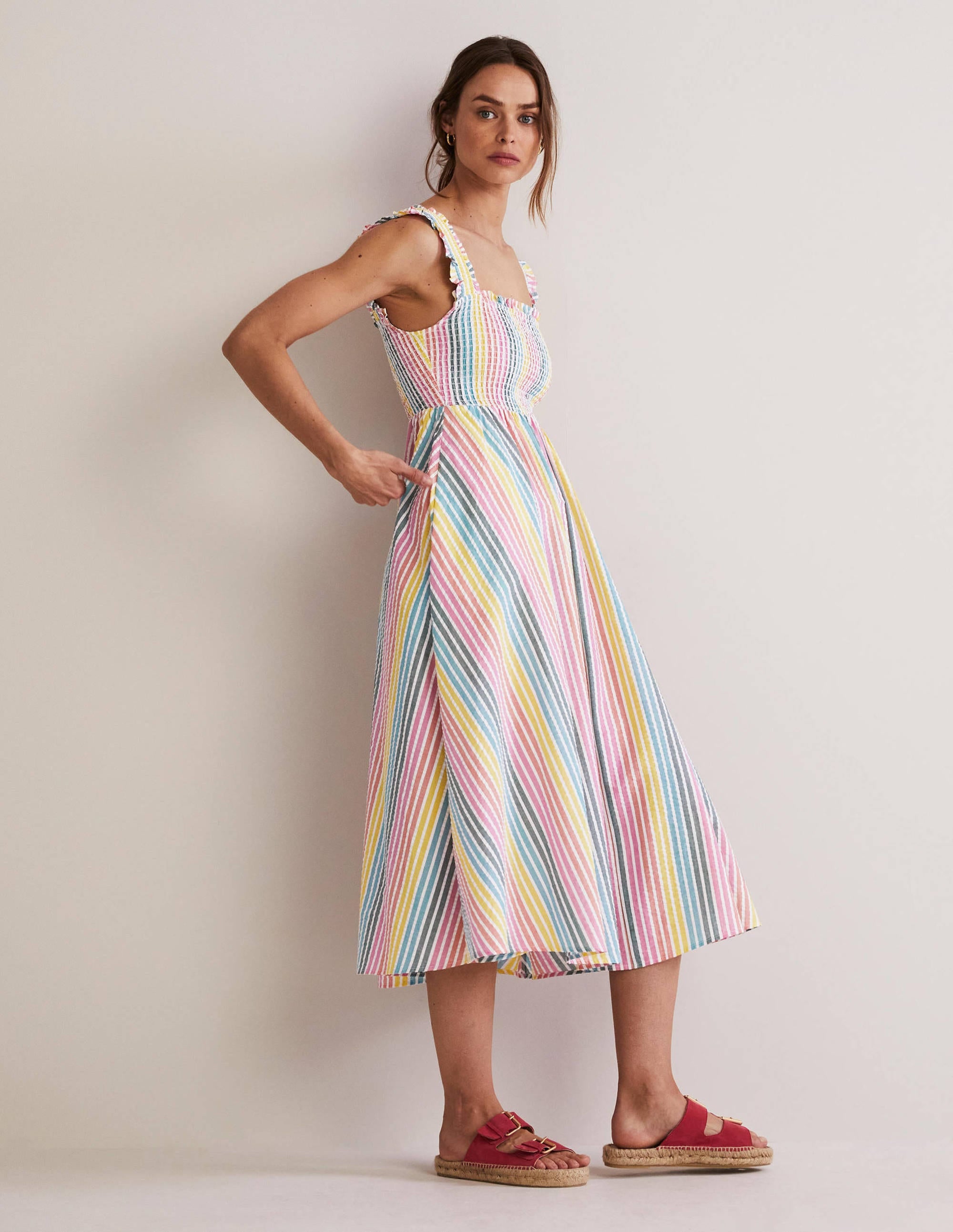 Robe midi à détail smocké-Seersucker arc-en-ciel - Image 6