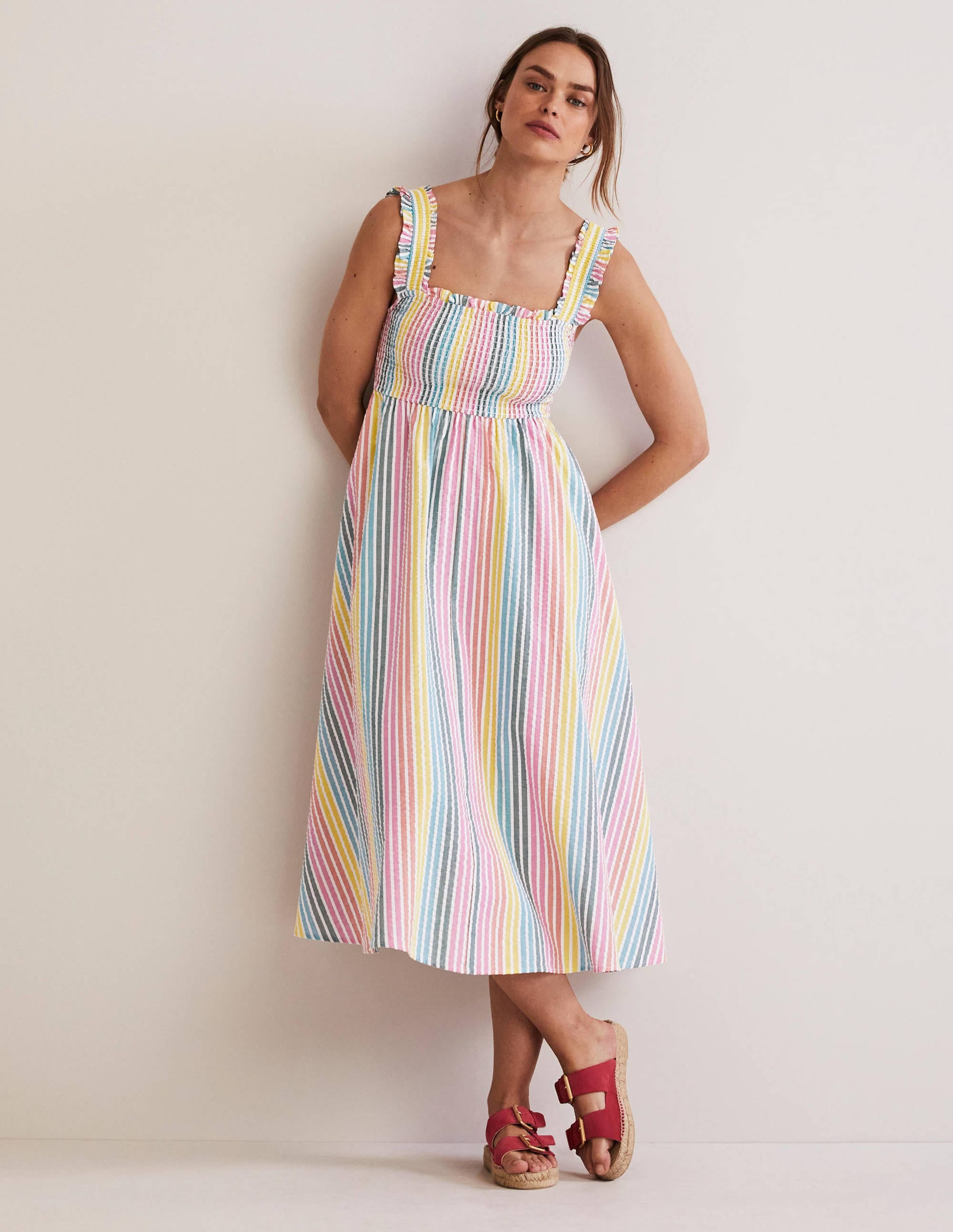 Robe midi à détail smocké-Seersucker arc-en-ciel - Image 1