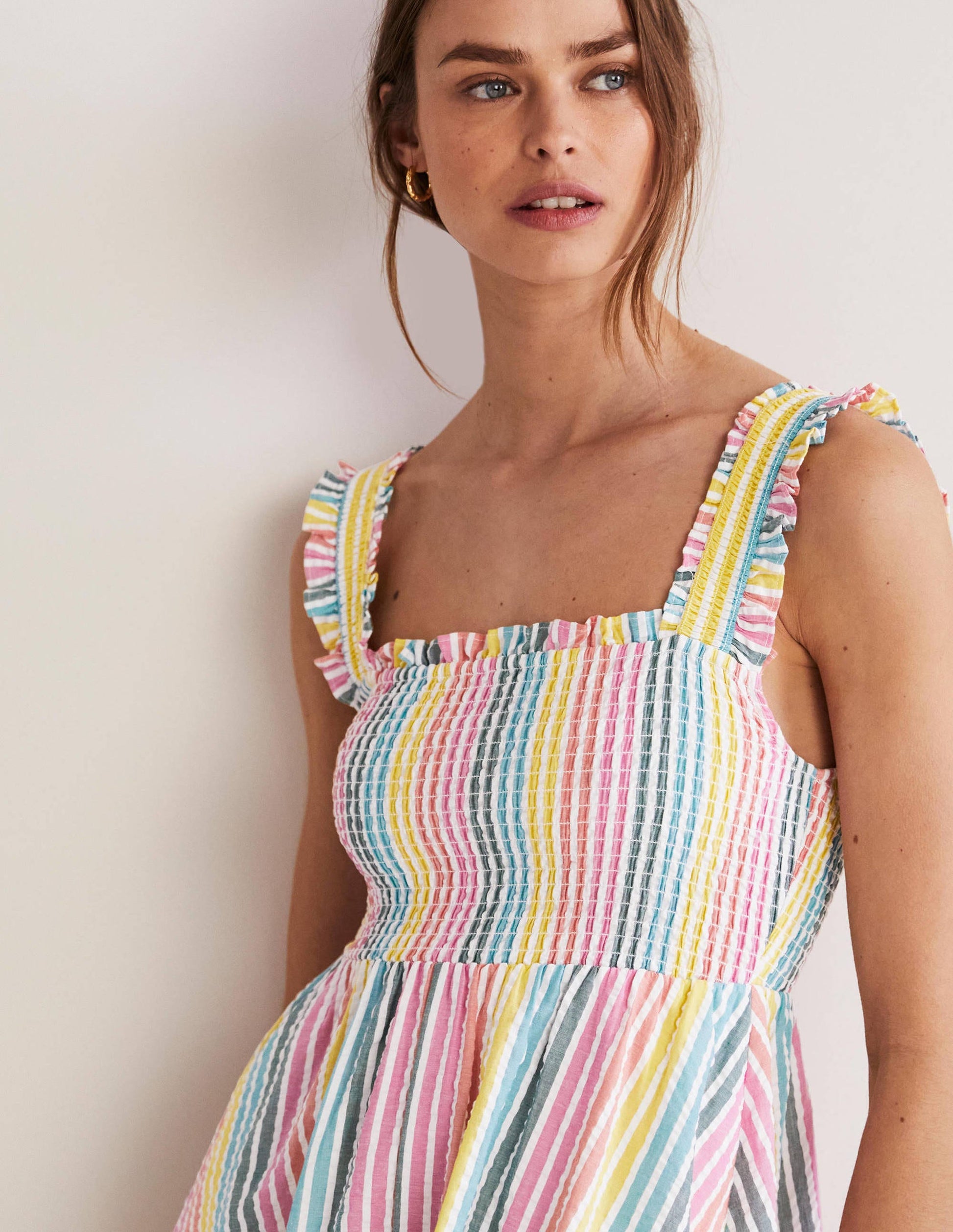 Robe midi à détail smocké-Seersucker arc-en-ciel-2
