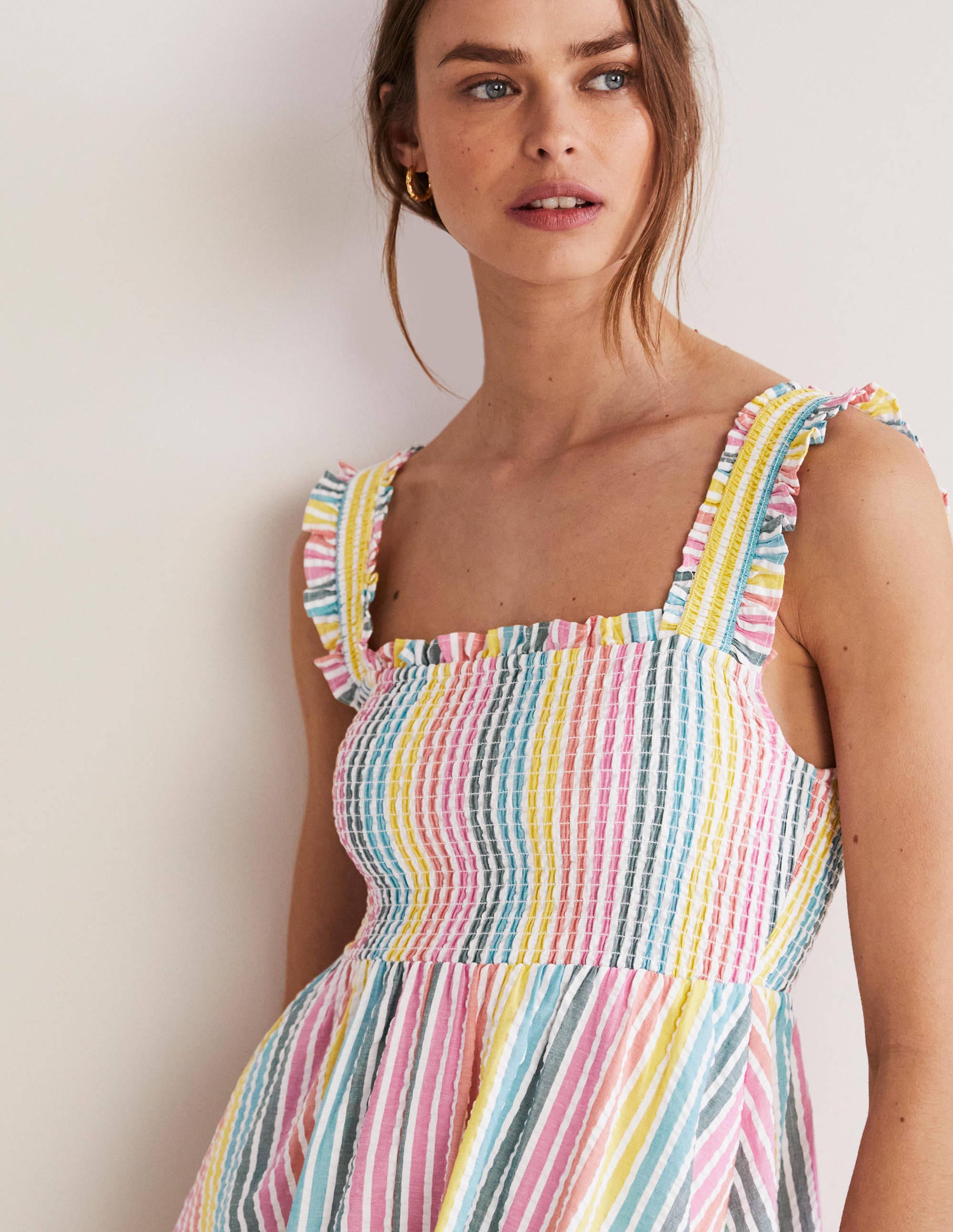 Robe midi à détail smocké-Seersucker arc-en-ciel - Image 2