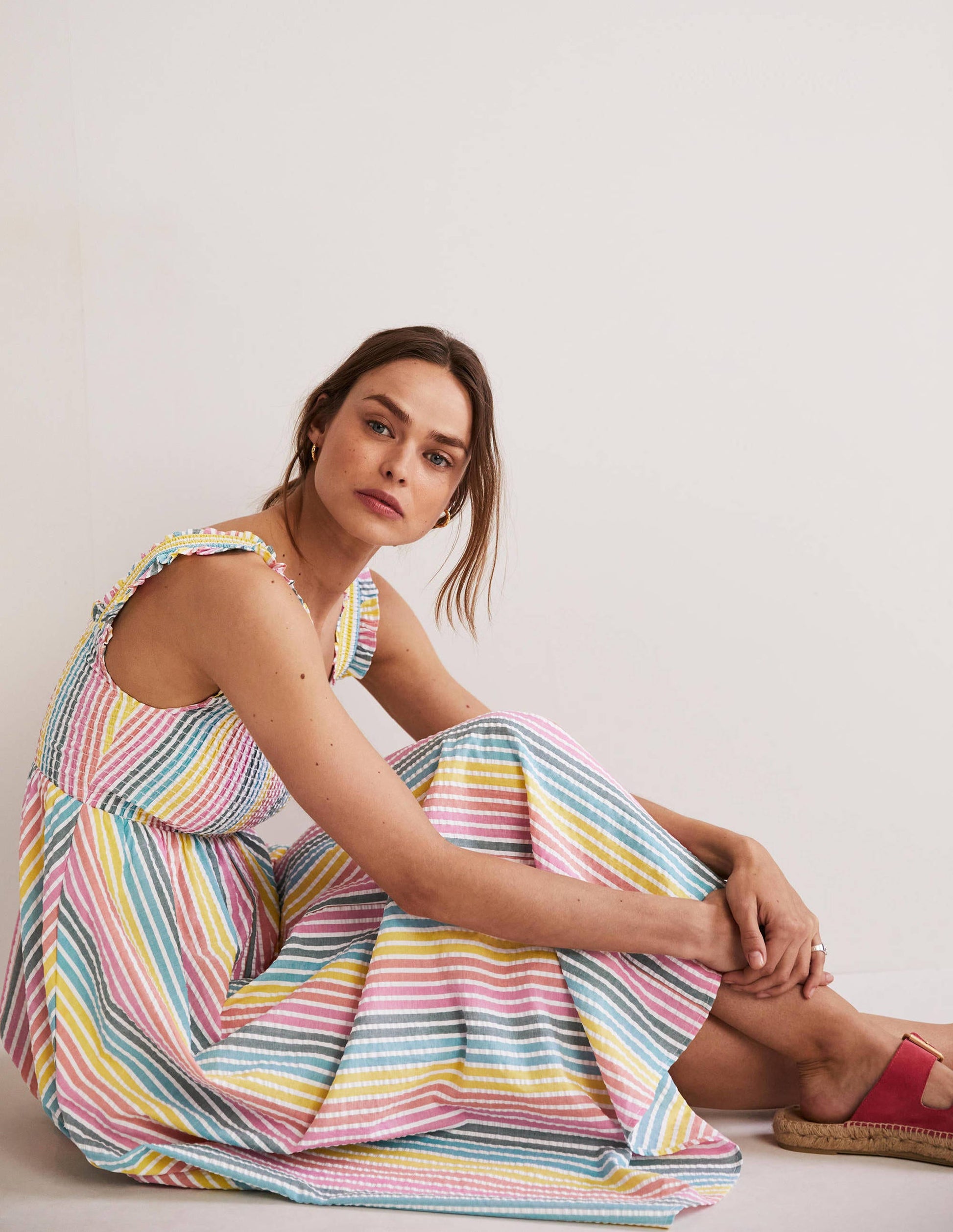 Robe midi à détail smocké-Seersucker arc-en-ciel-3