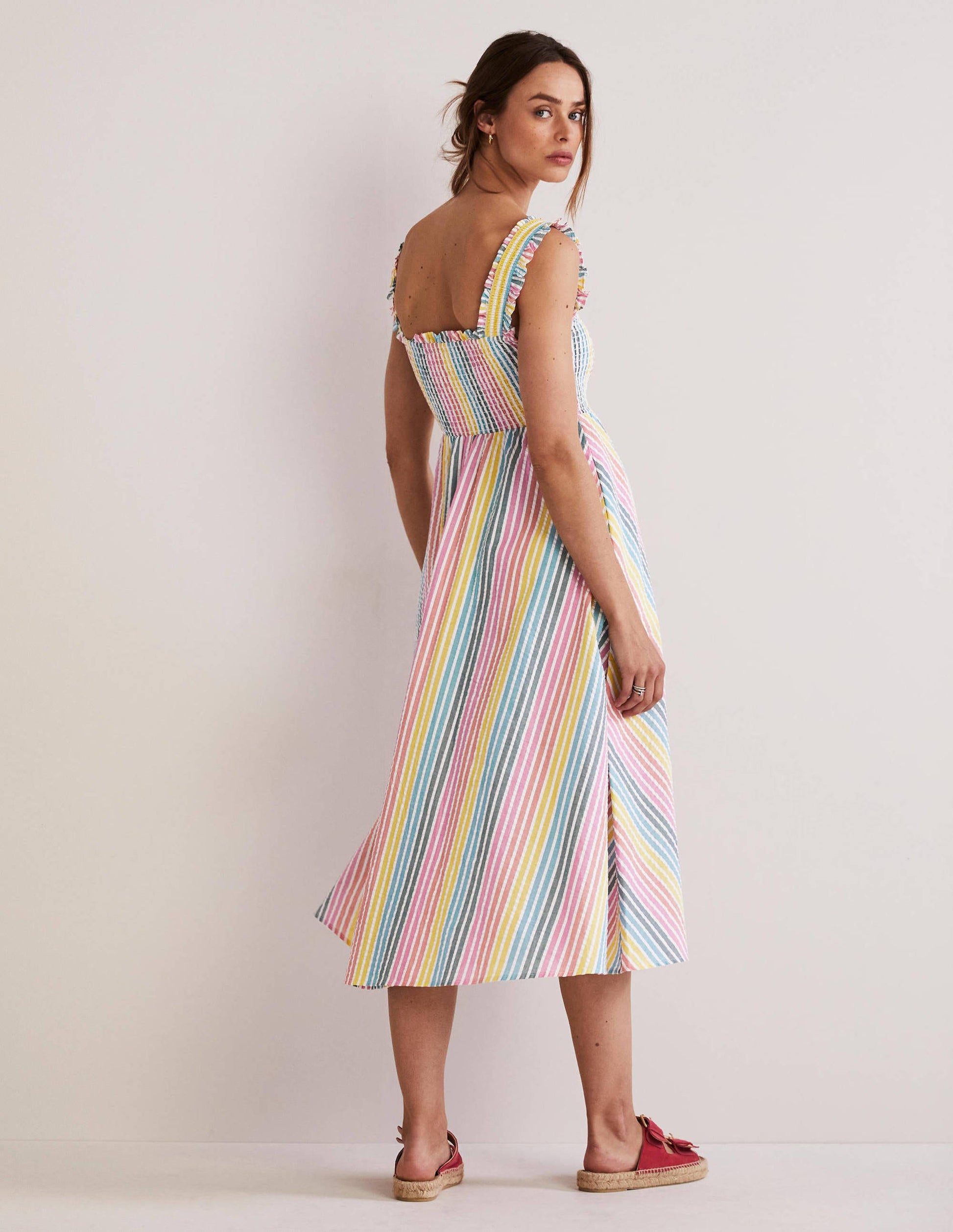 Robe midi à détail smocké-Seersucker arc-en-ciel-4