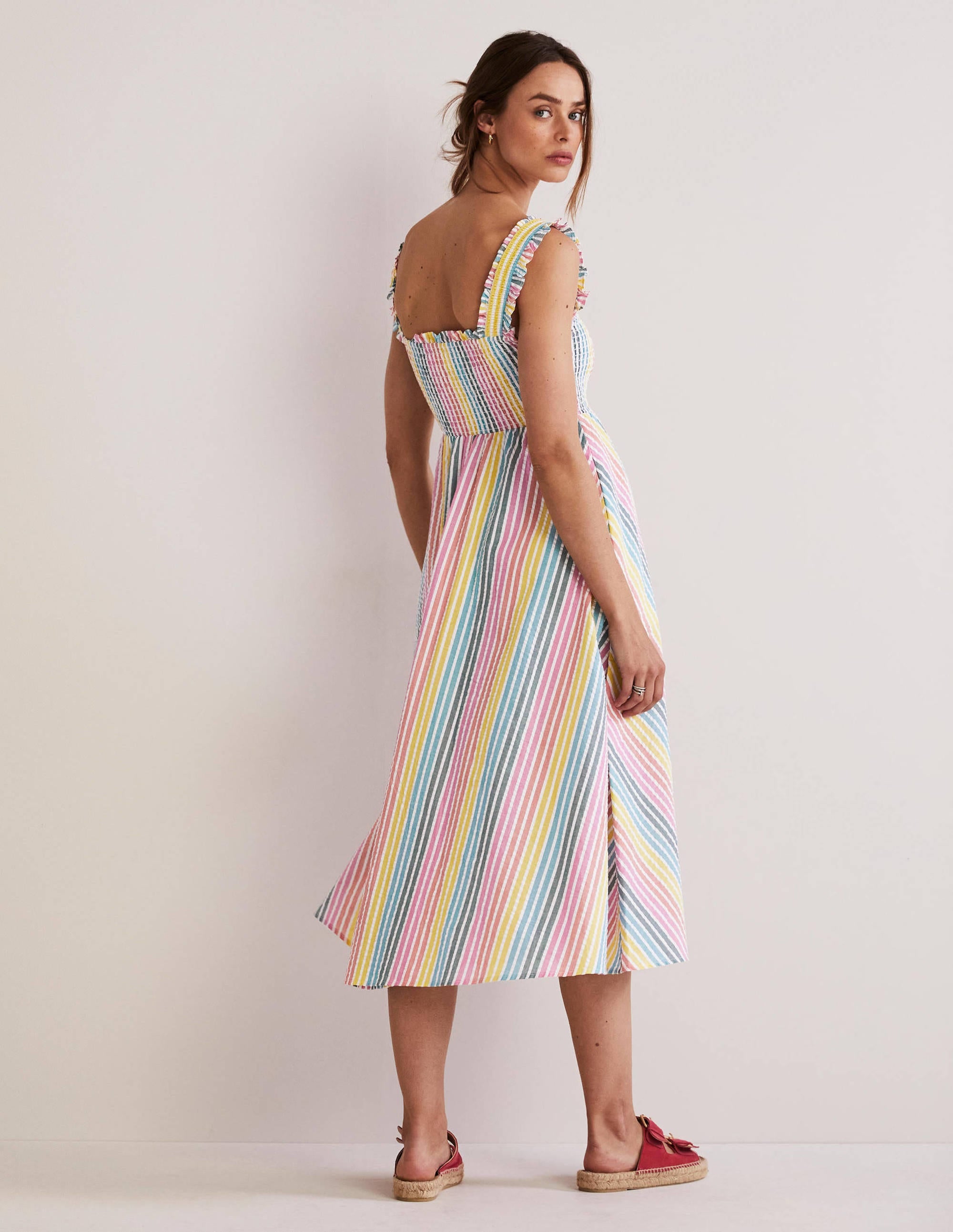Robe midi à détail smocké-Seersucker arc-en-ciel - Image 4