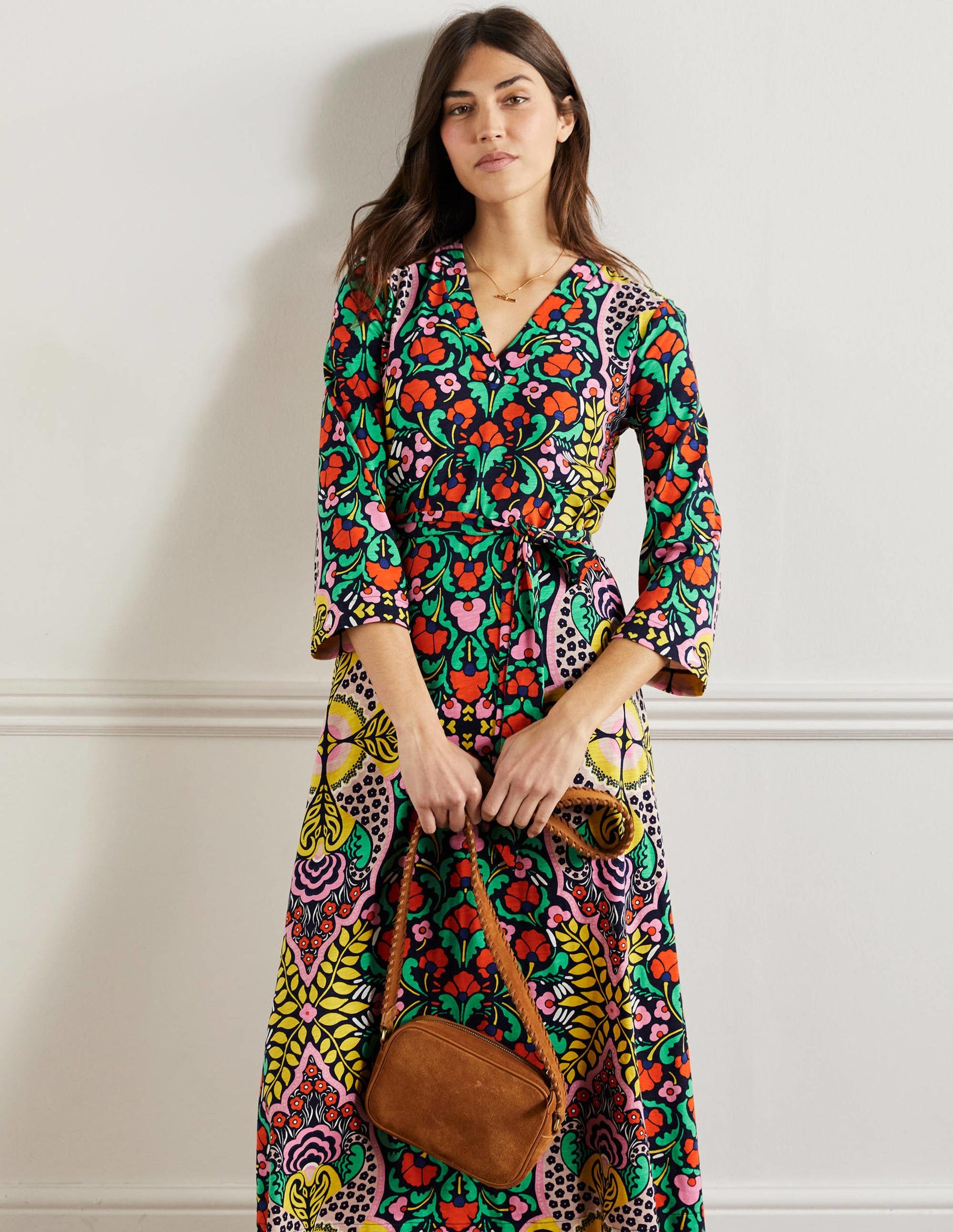 Robe midi façon caftan en jersey-Motif Passion Bloom bleu marine-6