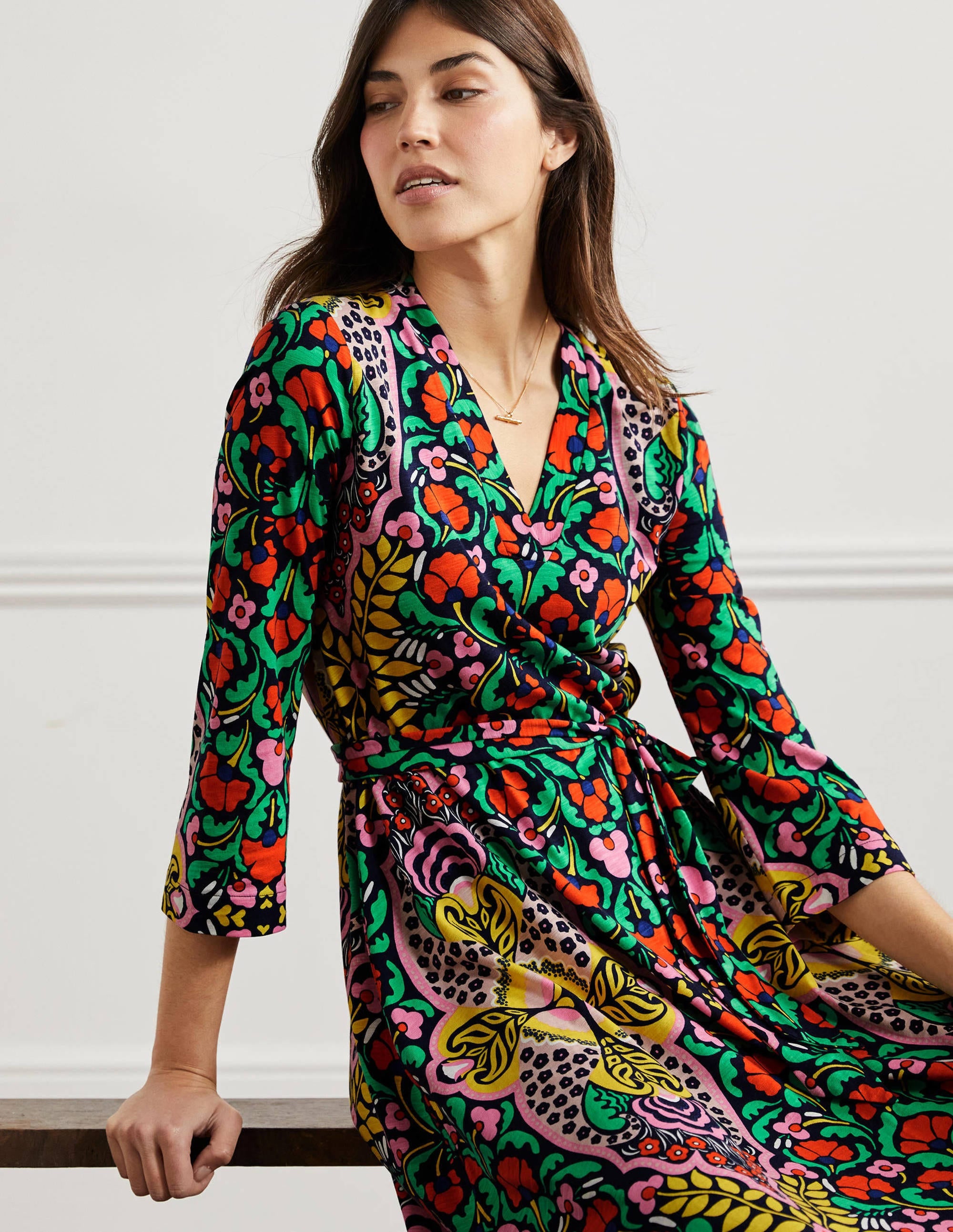 Robe midi façon caftan en jersey-Motif Passion Bloom bleu marine - Image 9