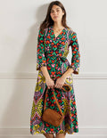 Robe midi façon caftan en jersey-Motif Passion Bloom bleu marine