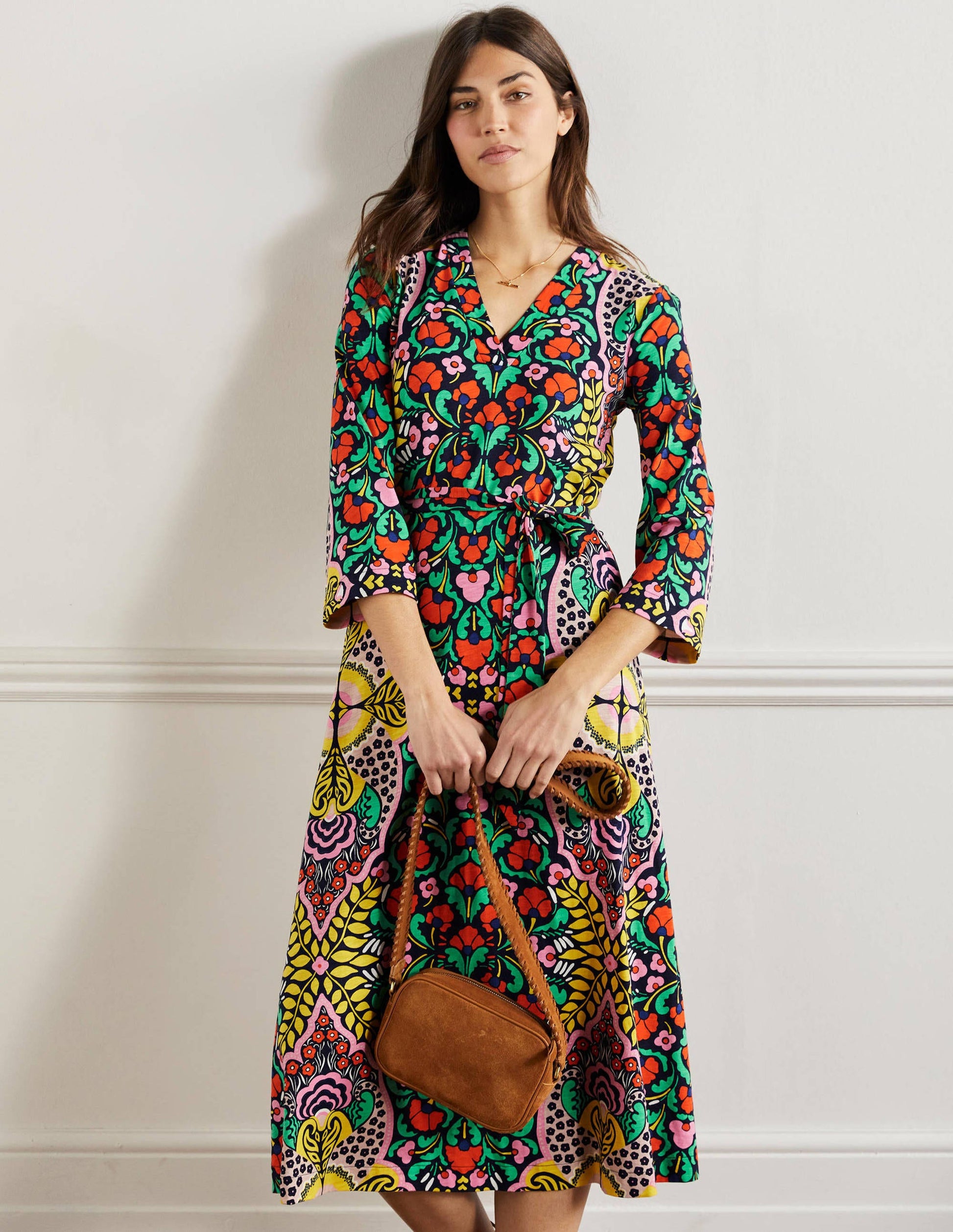 Robe midi façon caftan en jersey-Motif Passion Bloom bleu marine-1