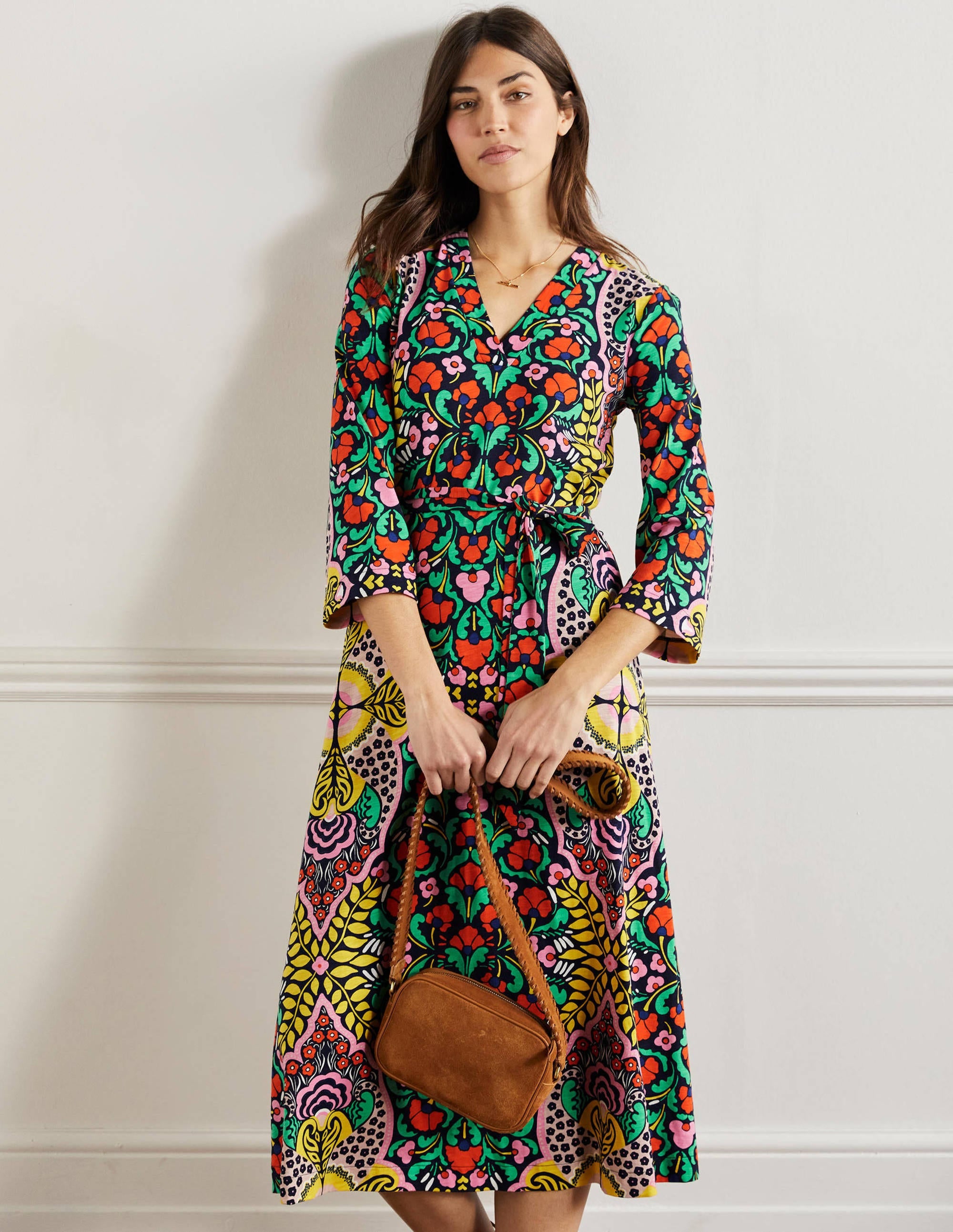 Robe midi façon caftan en jersey-Motif Passion Bloom bleu marine - Image 1