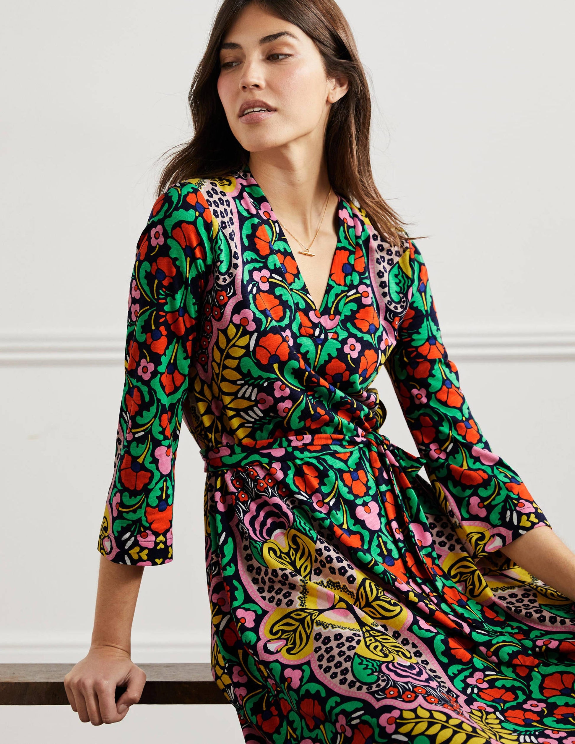 Robe midi façon caftan en jersey-Motif Passion Bloom bleu marine-4