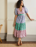 Robe longue volantée à manches bouffantes-Rose formica, motif Oriental Meadow
