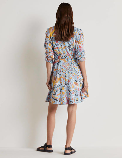 Hemdblusenkleid aus Baumwolle-Graublau, Bezaubernder Pfau