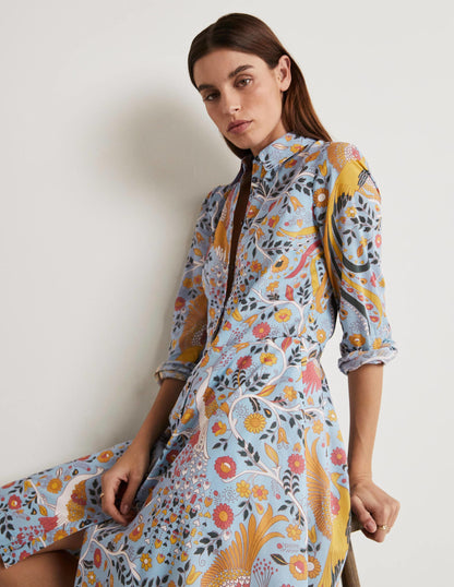 Hemdblusenkleid aus Baumwolle-Graublau, Bezaubernder Pfau