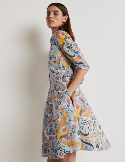 Hemdblusenkleid aus Baumwolle-Graublau, Bezaubernder Pfau